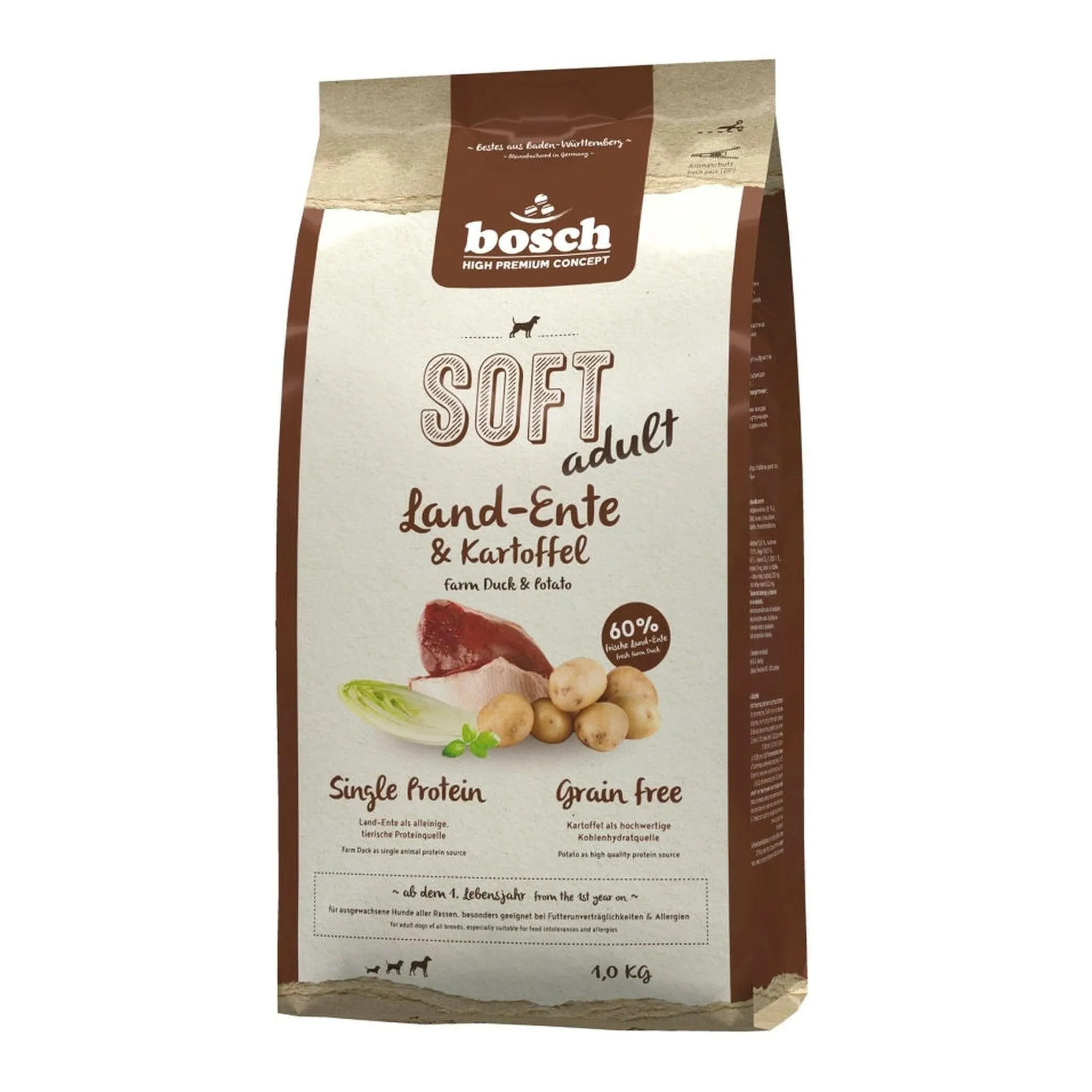 bosch HPC Soft Terra Anatra e Patata Cibo Semi-umido per Cani Adulti, Senza Cereali, 1 kg - immagine 1