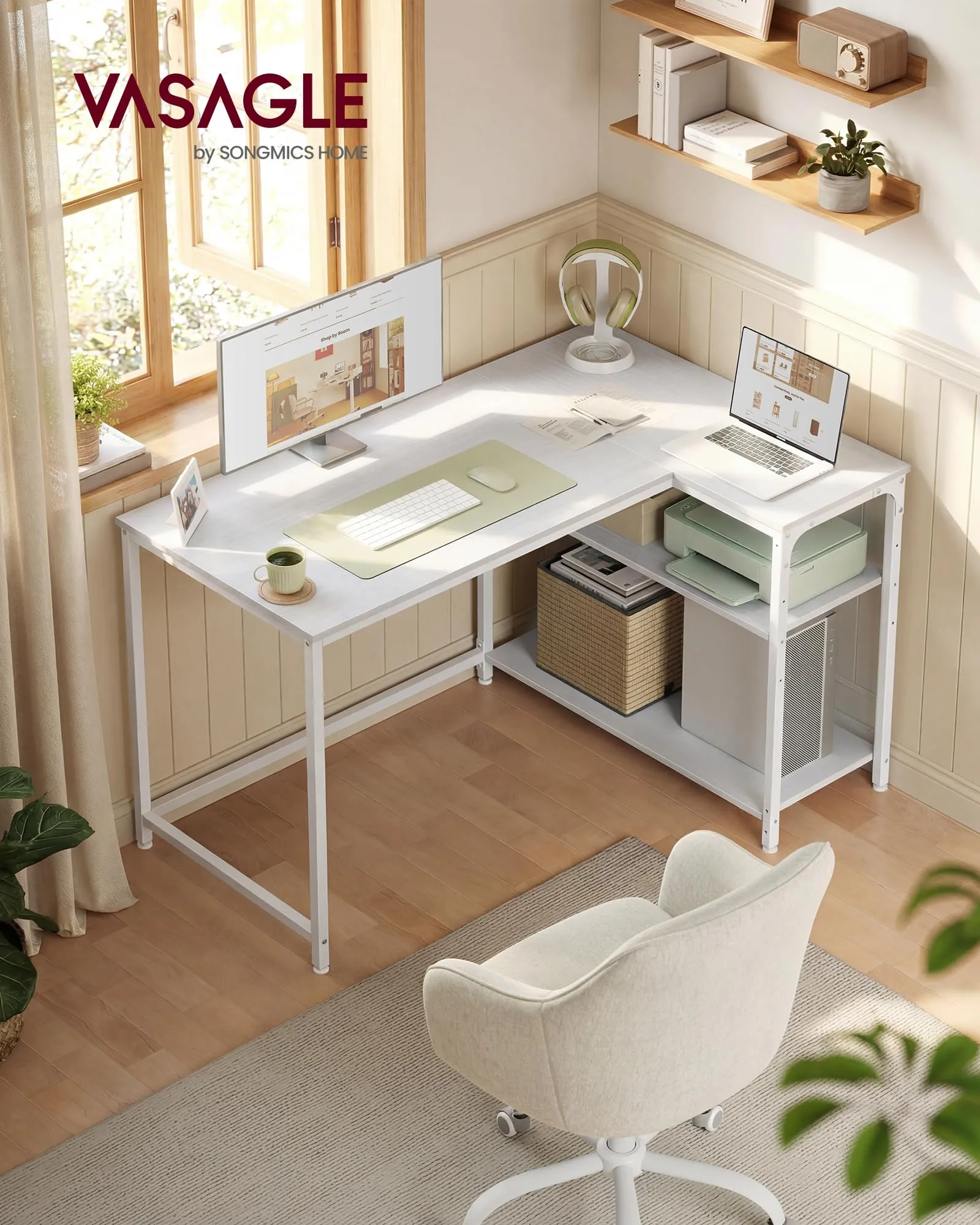 VASAGLE Scrivania a L per Computer, Ripiani Reversibili, 110 x 80 x 76 cm, Bianco Acero - immagine 2
