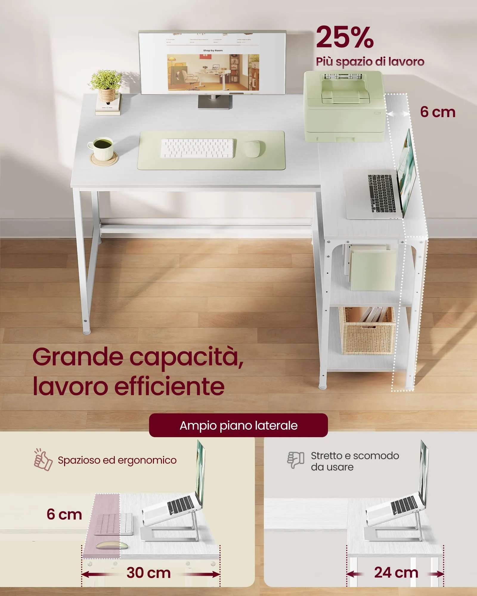 VASAGLE Scrivania a L per Computer, Ripiani Reversibili, 110 x 80 x 76 cm, Bianco Acero - immagine 3