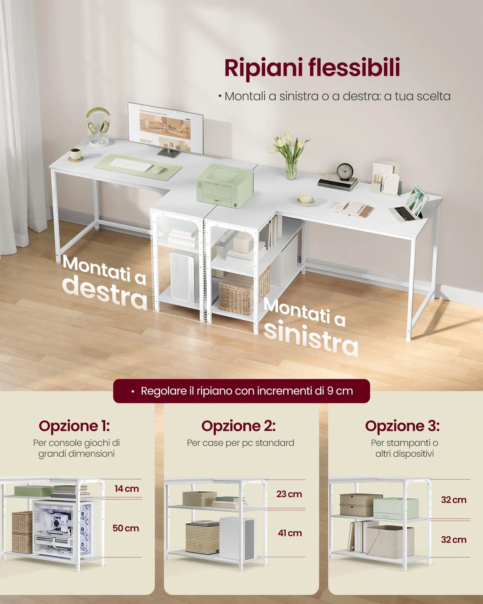 VASAGLE Scrivania a L per Computer, Ripiani Reversibili, 110 x 80 x 76 cm, Bianco Acero - immagine 4