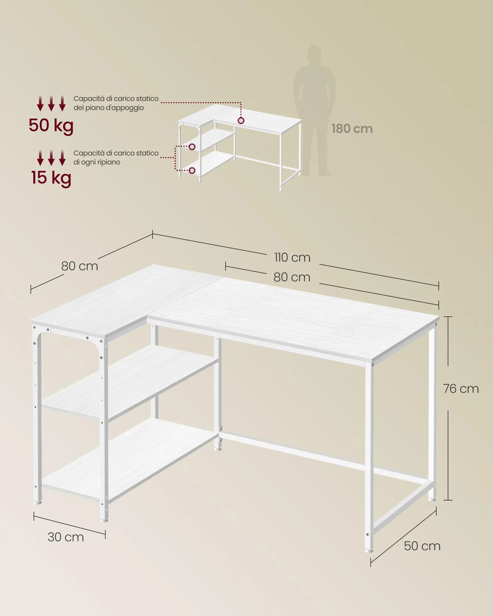 VASAGLE Scrivania a L per Computer, Ripiani Reversibili, 110 x 80 x 76 cm, Bianco Acero - immagine 6