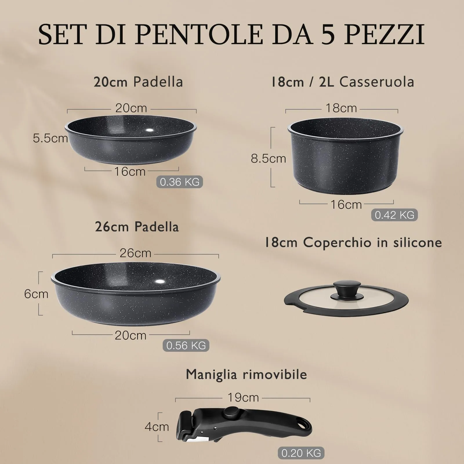 GiPP Set di Padelle Antiaderenti con Manici Rimovibili, 5 Pezzi, Compatibile Induzione, Nero - immagine 2