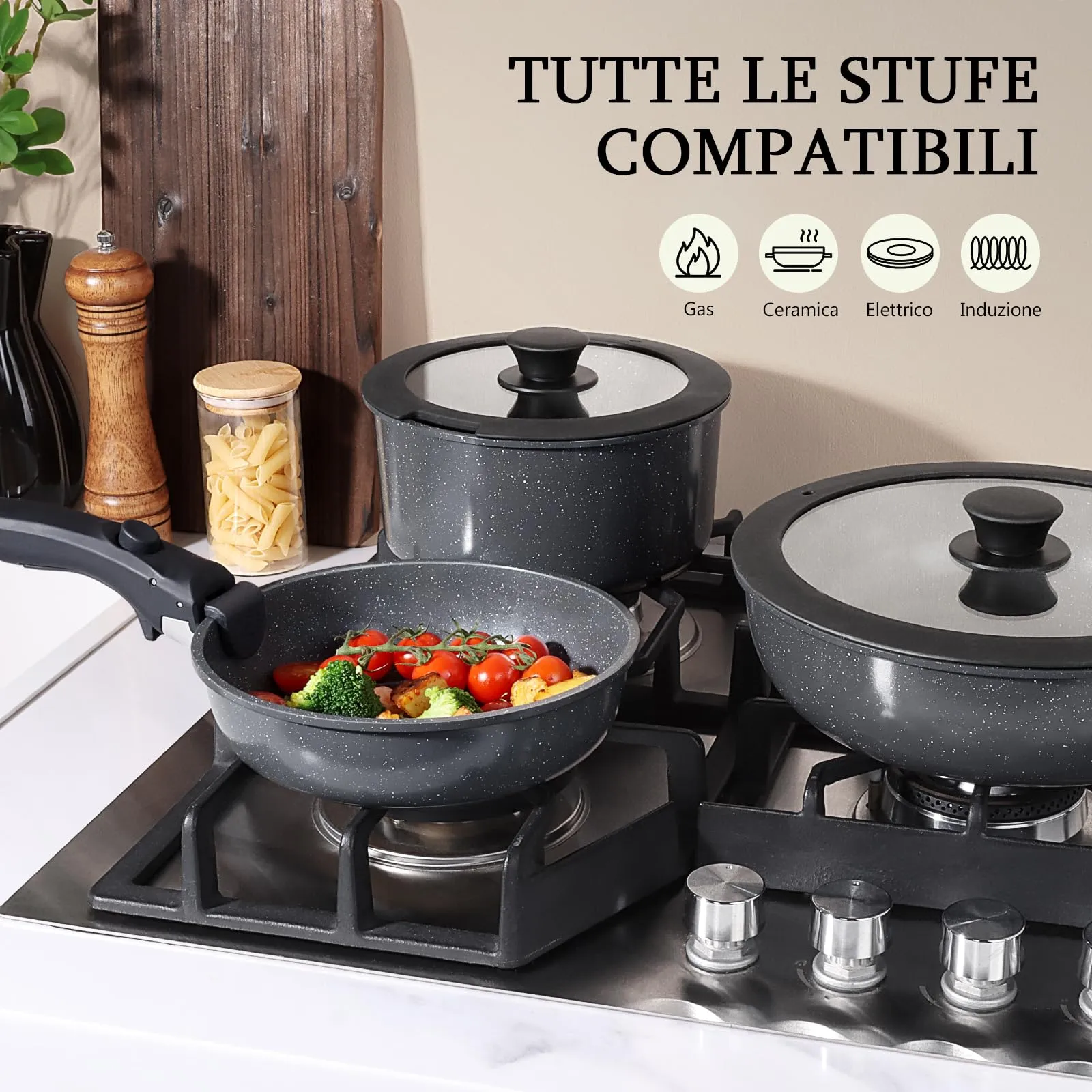 GiPP Set di Padelle Antiaderenti con Manici Rimovibili, 5 Pezzi, Compatibile Induzione, Nero - immagine 6