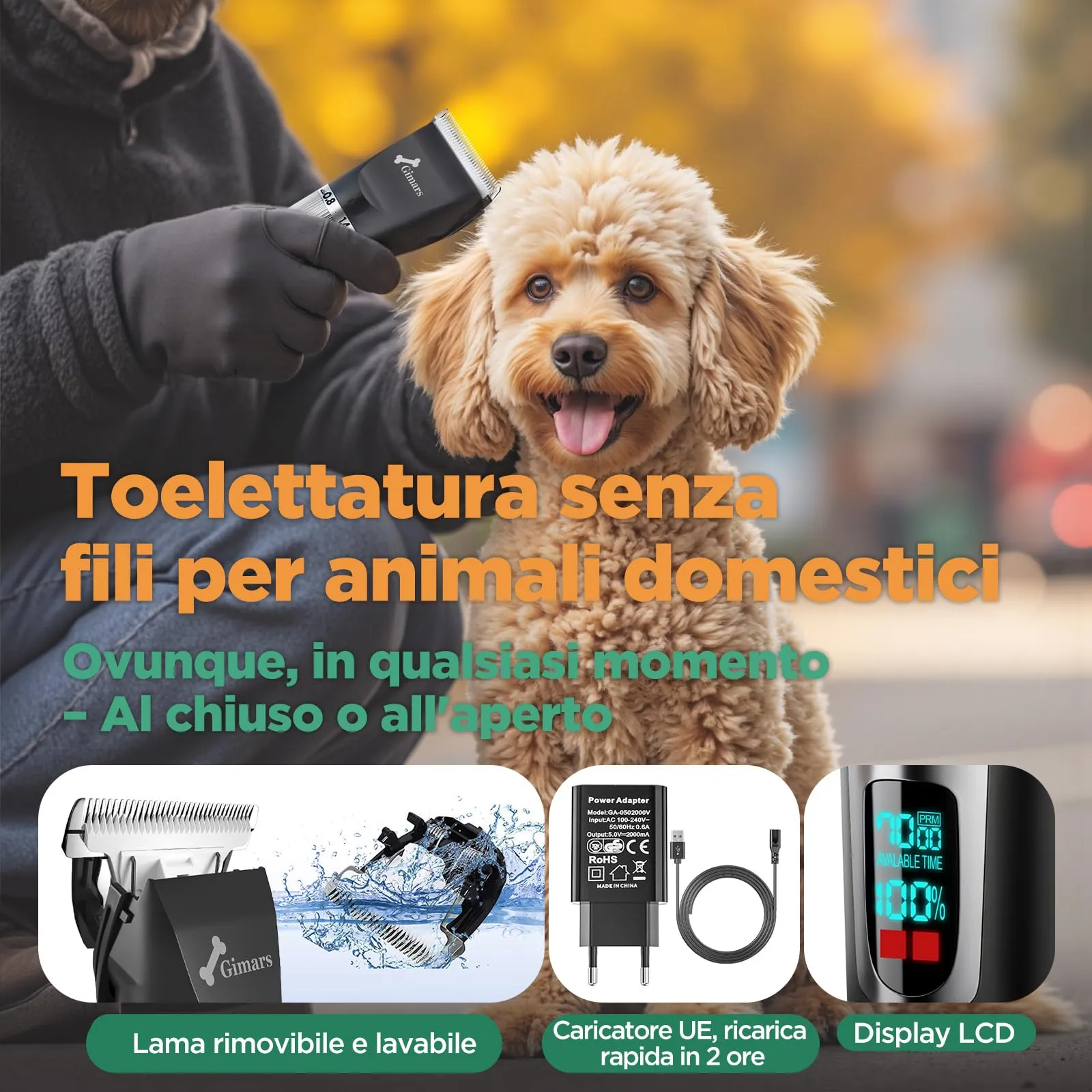 Gimars Tosatrice Professionale 3 in 1 per Cani e Gatti, 4 Velocità, 7000 RPM, Senza Fili e Ricaricabile - immagine 6