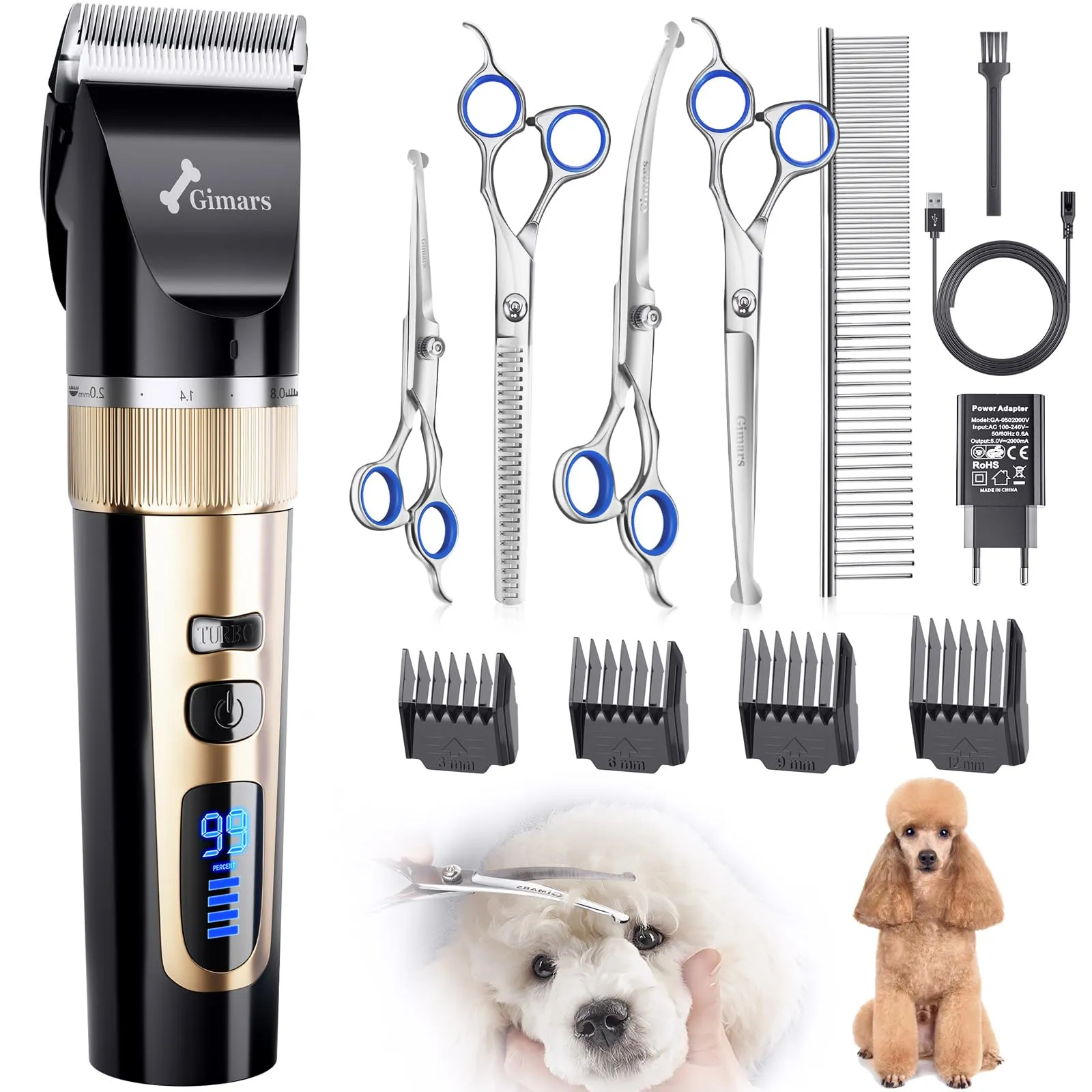 Gimars Tosatrice Professionale 6-in-1 per Cani e Gatti, 7000 RPM, Senza Fili, Ricaricabile USB, Oro - immagine 1