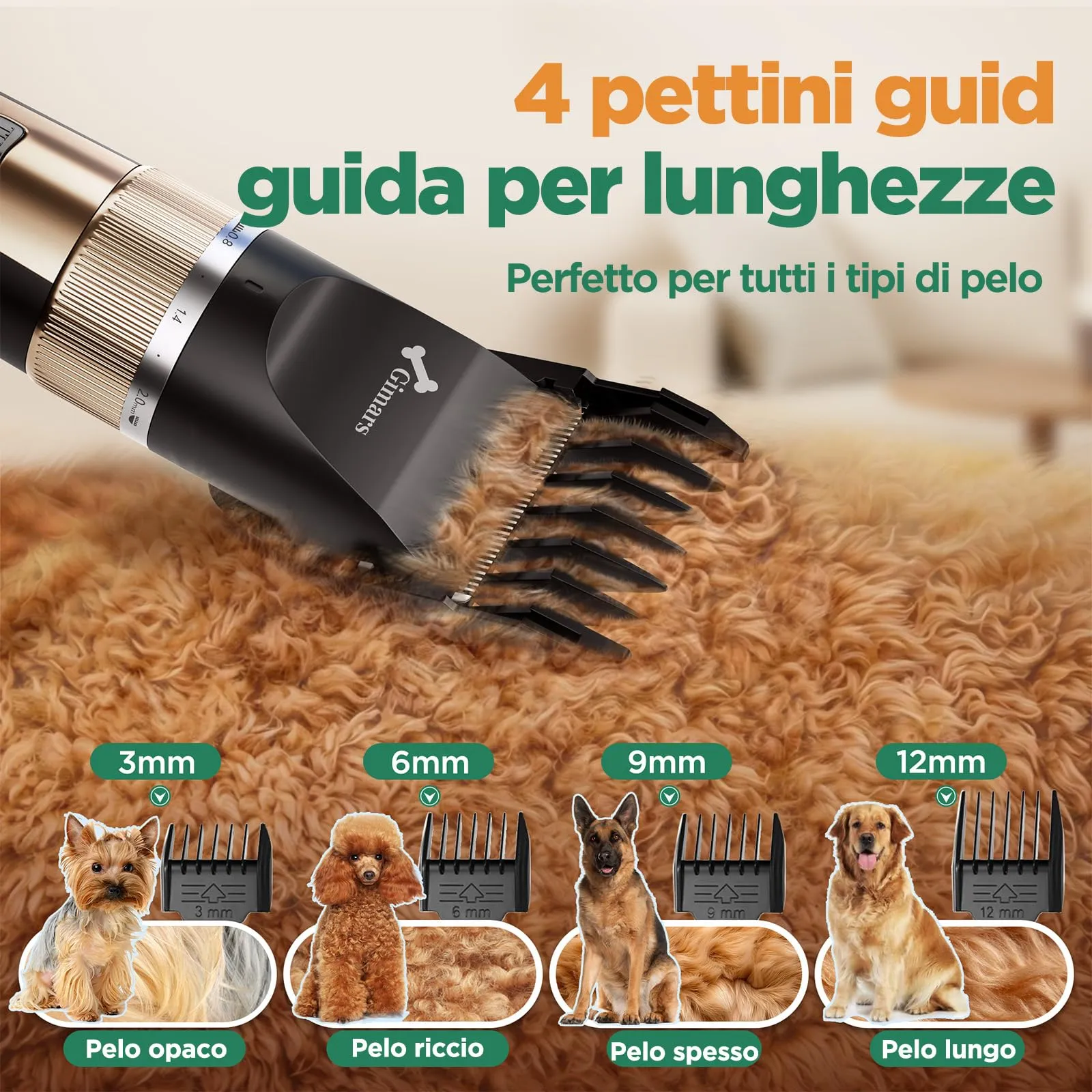 Gimars Tosatrice Professionale 6-in-1 per Cani e Gatti, 7000 RPM, Senza Fili, Ricaricabile USB, Oro - immagine 6