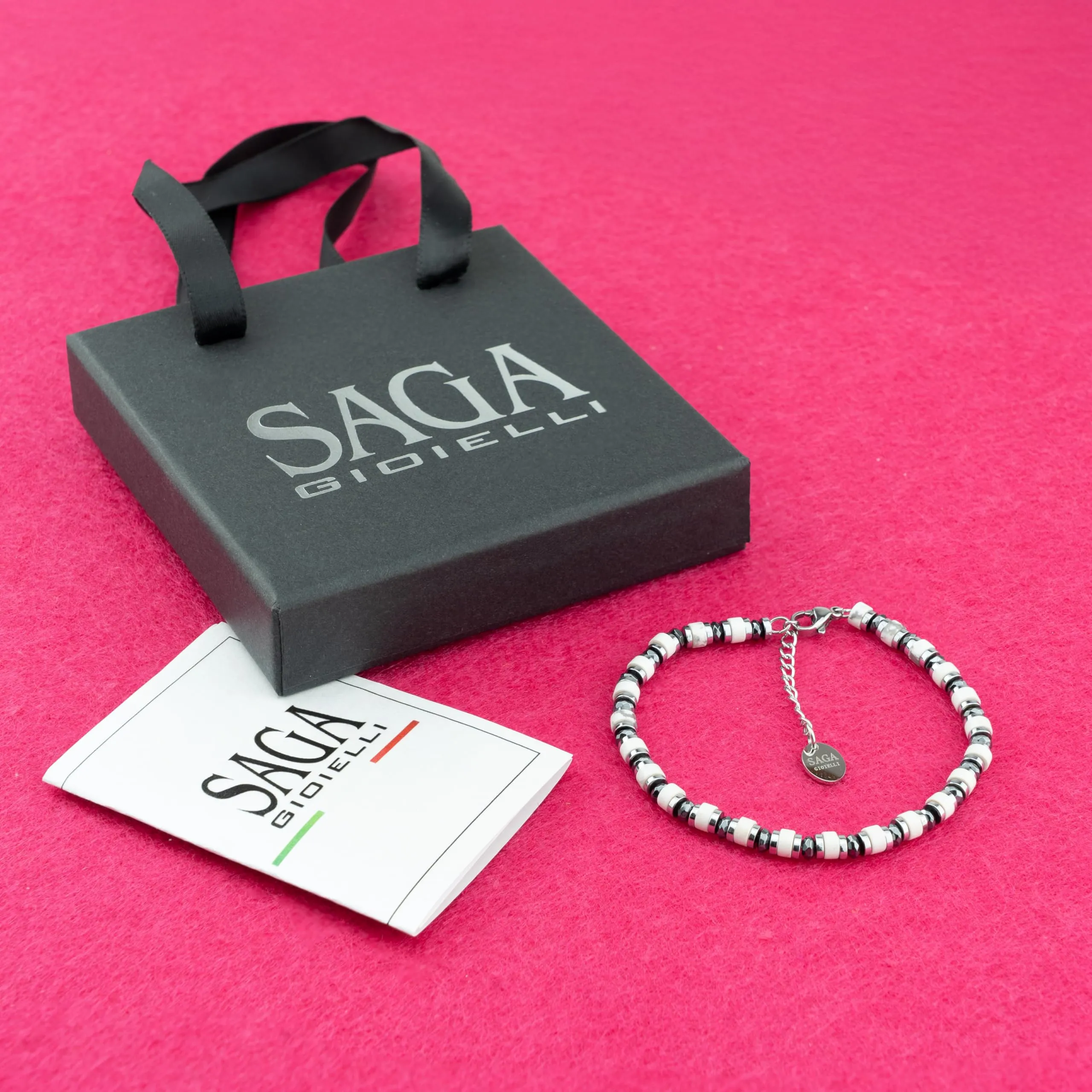 Saga Gioielli Bracciale Uomo Rondelle Pietre Dure Acciaio Aulite Bianca e Cristalli - immagine 4