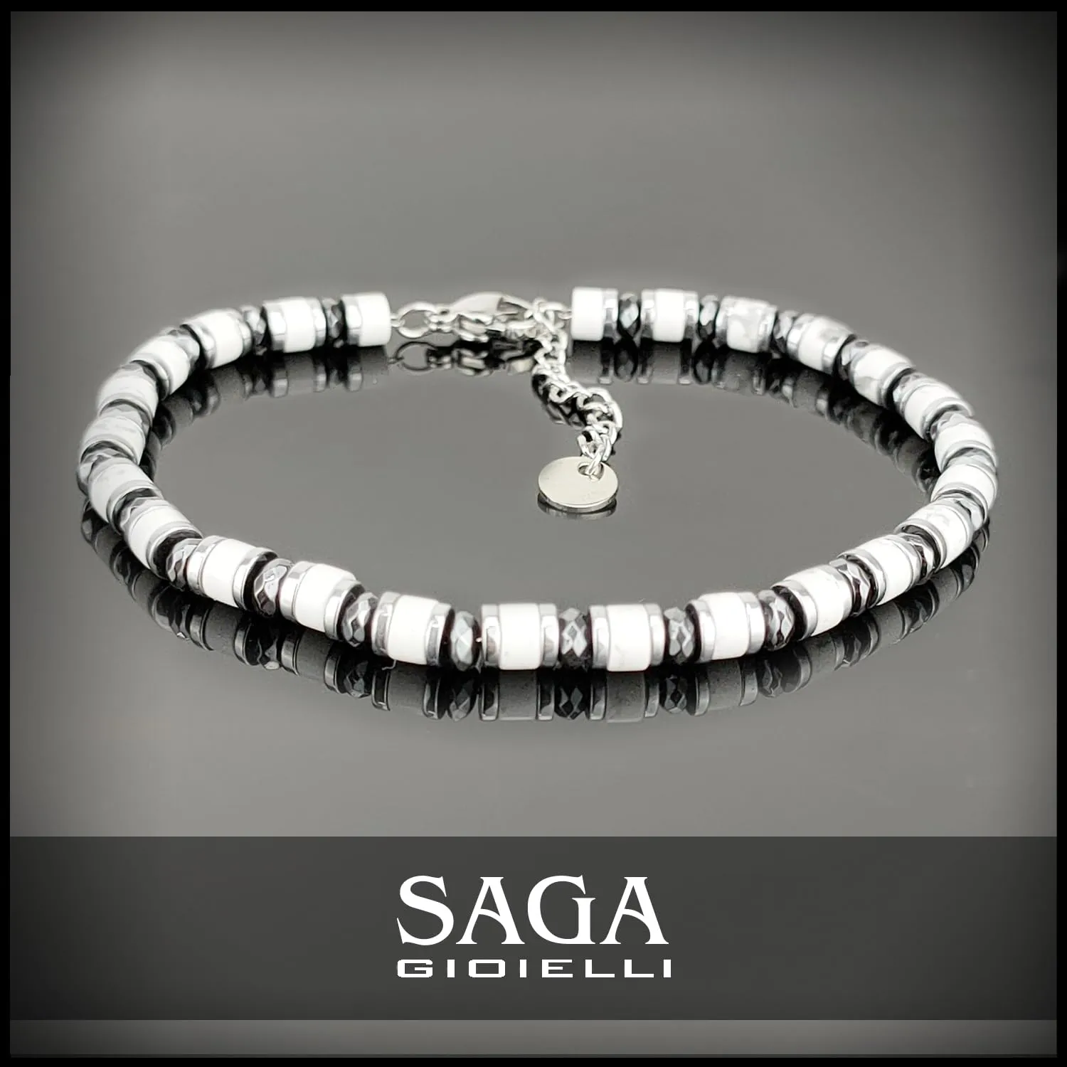 Saga Gioielli Bracciale Uomo Rondelle Pietre Dure Acciaio Aulite Bianca e Cristalli - immagine 5