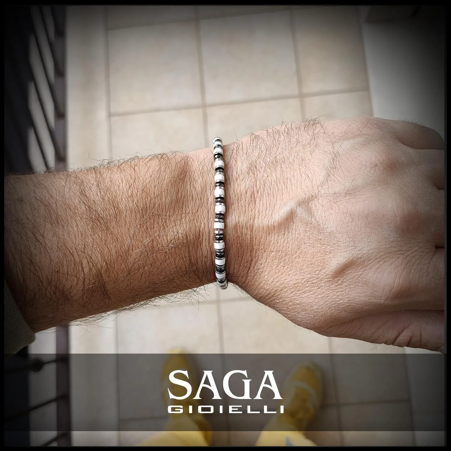 Saga Gioielli Bracciale Uomo Rondelle Pietre Dure Acciaio Aulite Bianca e Cristalli - immagine 6