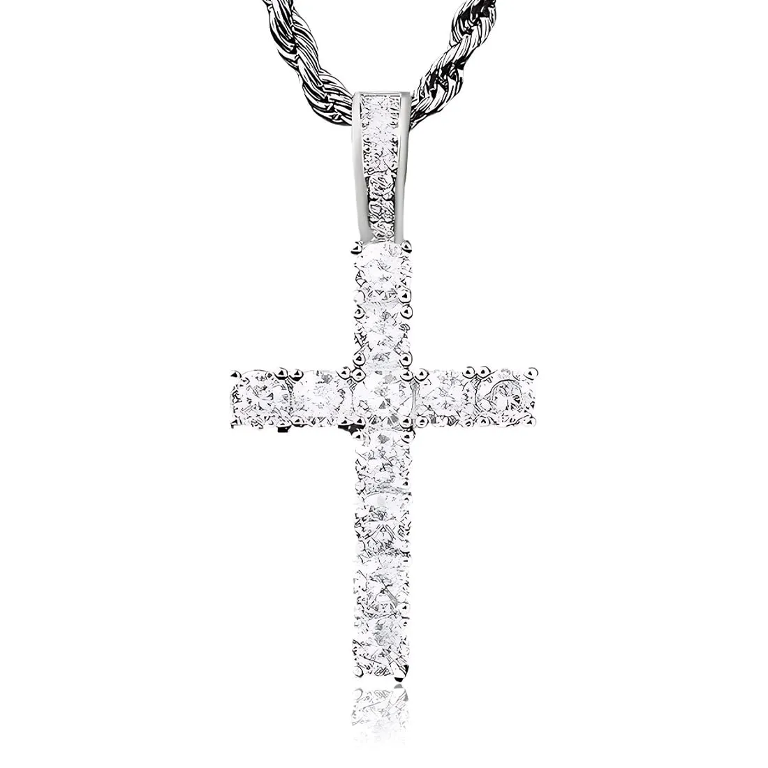 WHYCNJL Collana con Pendente a Croce in Acciaio Inossidabile e Zirconi, Argento, 65 cm - immagine 1