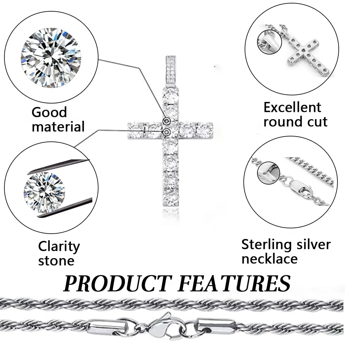 WHYCNJL Collana con Pendente a Croce in Acciaio Inossidabile e Zirconi, Argento, 65 cm - immagine 2