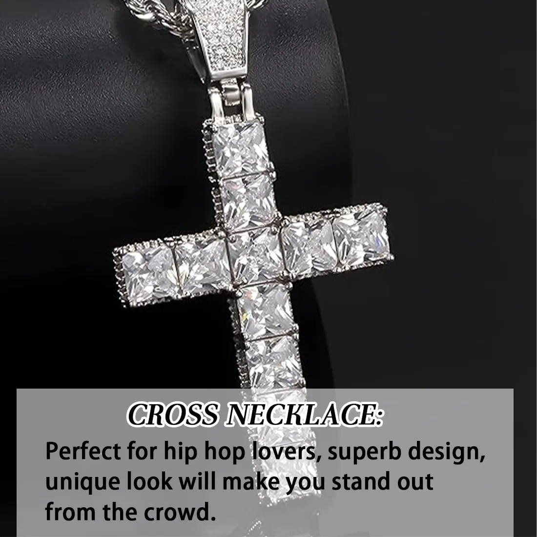 WHYCNJL Collana con Pendente a Croce in Acciaio Inossidabile e Zirconi, Argento, 65 cm - immagine 3