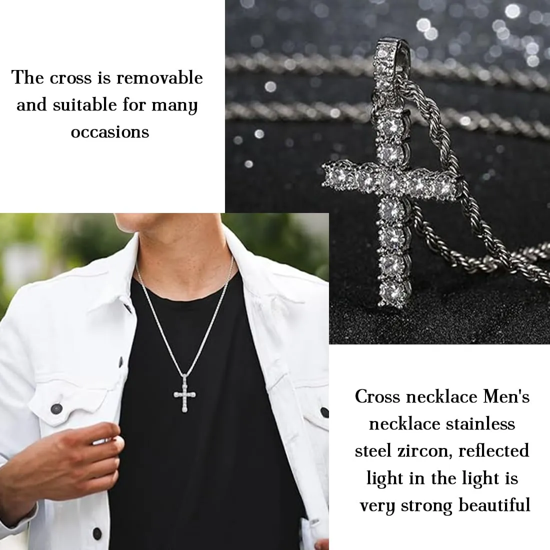 WHYCNJL Collana con Pendente a Croce in Acciaio Inossidabile e Zirconi, Argento, 65 cm - immagine 4