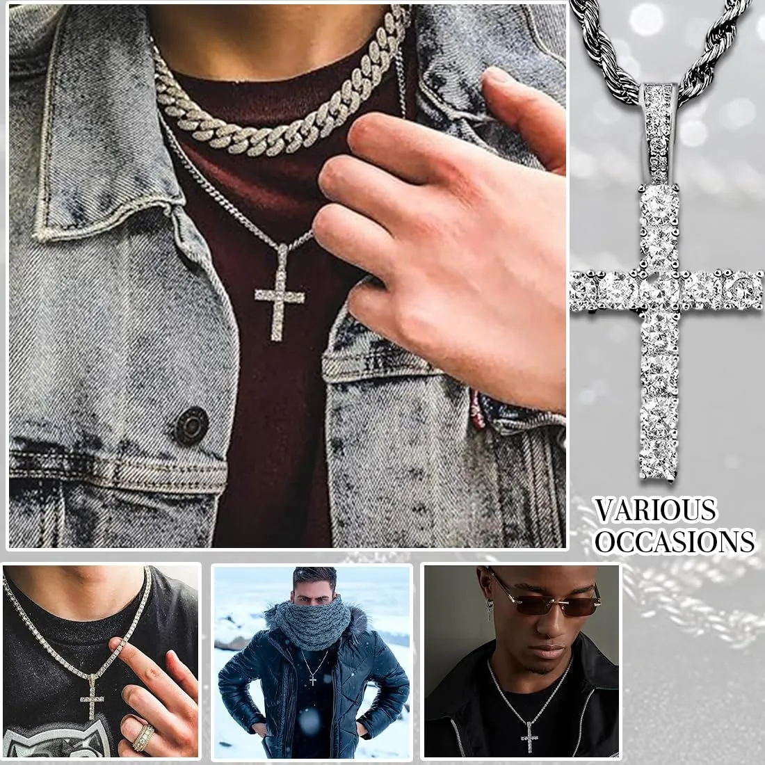 WHYCNJL Collana con Pendente a Croce in Acciaio Inossidabile e Zirconi, Argento, 65 cm - immagine 5