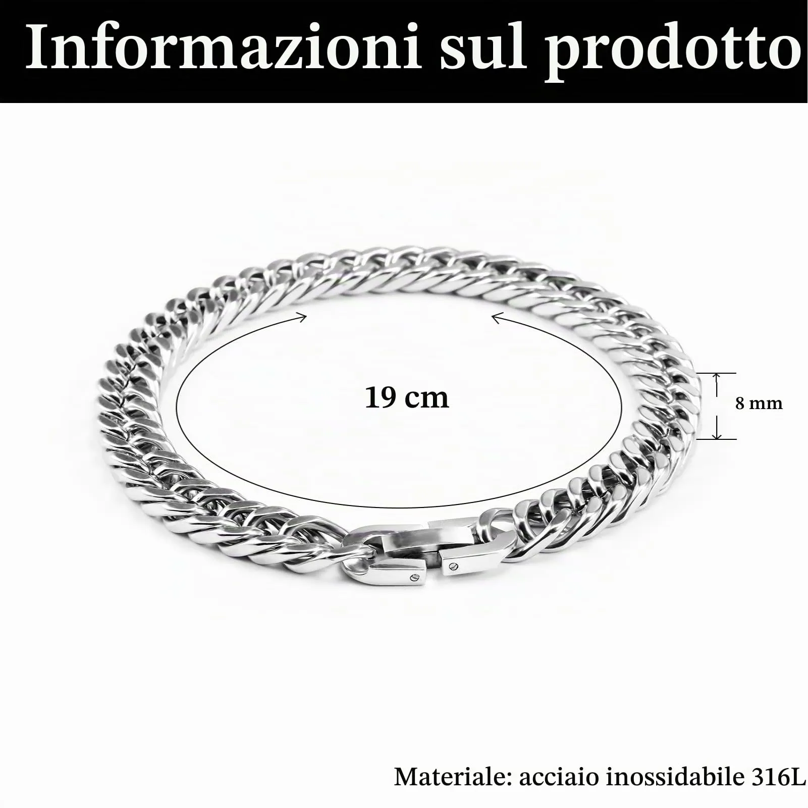 VGWON Bracciale Cubano in Acciaio Inox 316L per Uomo, 8mm - immagine 3