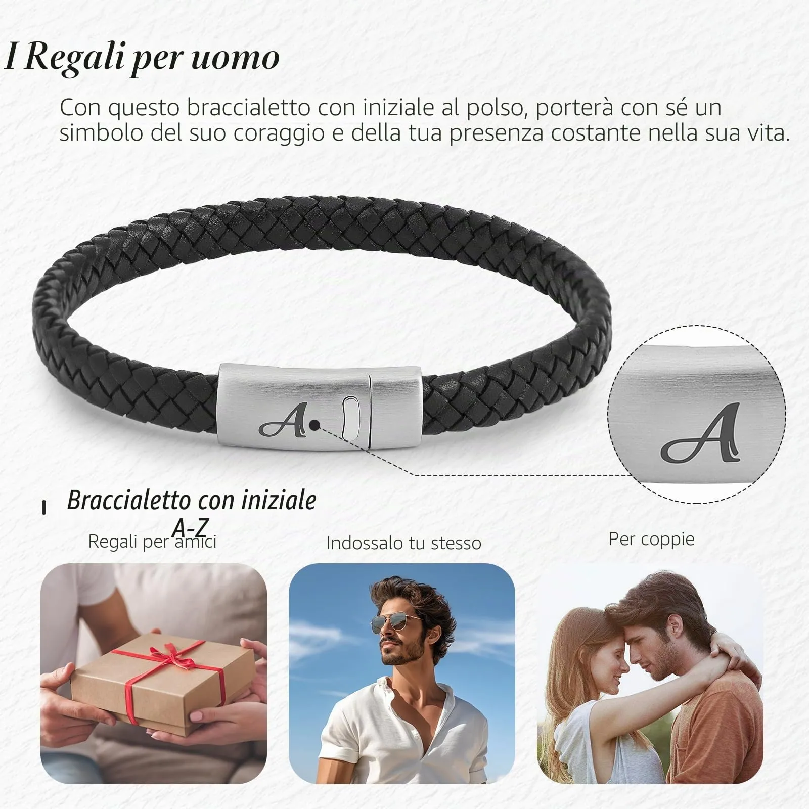 SHIEAGLELD Bracciale da uomo in pelle intrecciata con iniziale e chiusura magnetica in acciaio inossidabile, Nero G - immagine 5