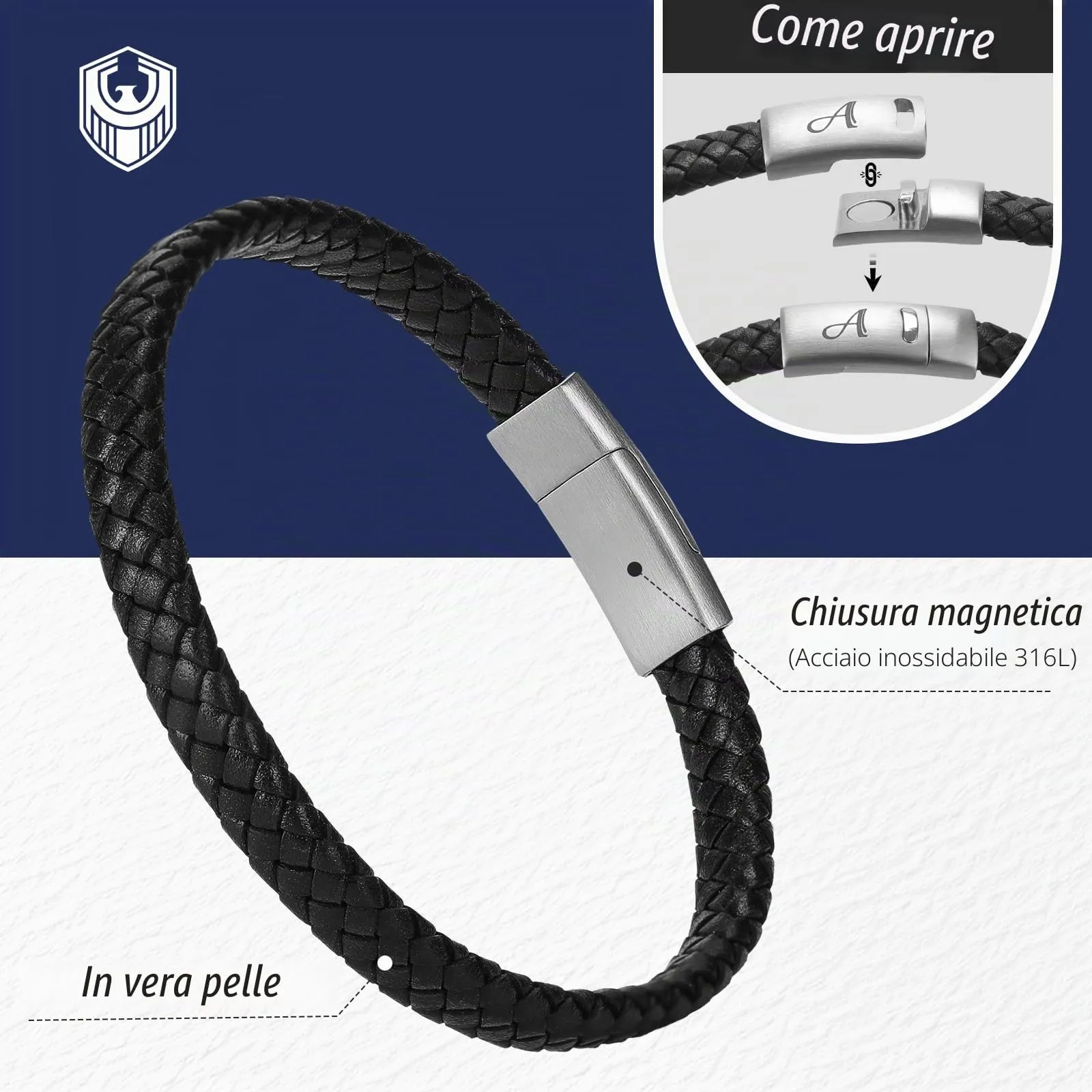 SHIEAGLELD Bracciale da uomo in pelle intrecciata con iniziali A-Z e chiusura magnetica in acciaio inossidabile, 21,5 cm - immagine 4