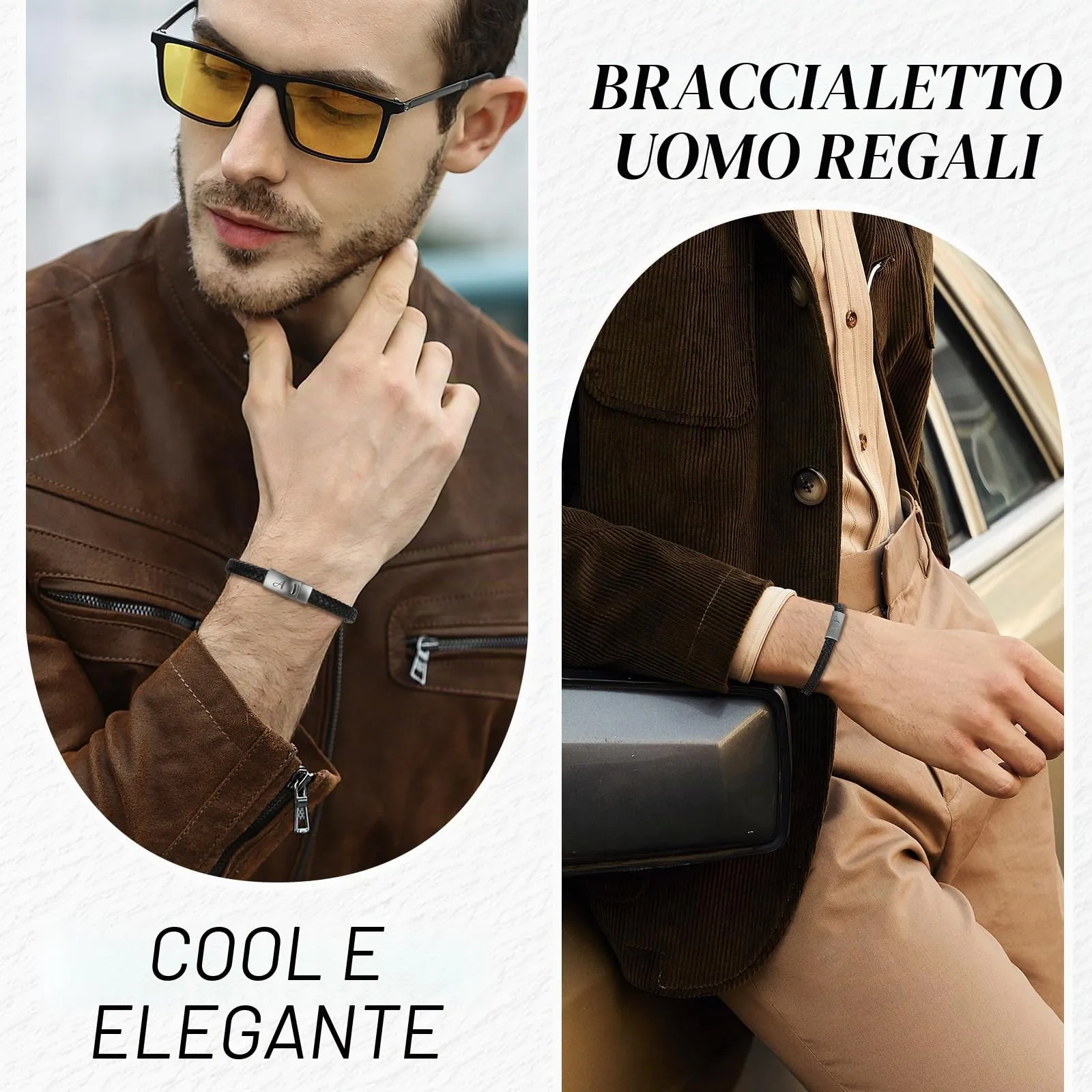 SHIEAGLELD Bracciale da uomo in pelle intrecciata con chiusura magnetica in acciaio inossidabile e iniziali A-Z, Nero B - immagine 2