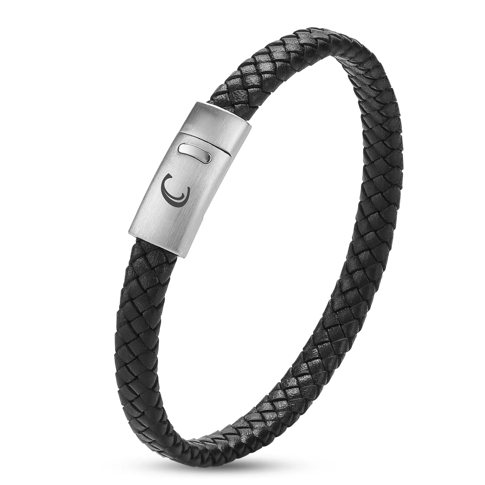 SHIEAGLELD Bracciale da uomo in pelle intrecciata con chiusura magnetica in acciaio inossidabile e iniziale, Nero, 21.5 cm - immagine 1
