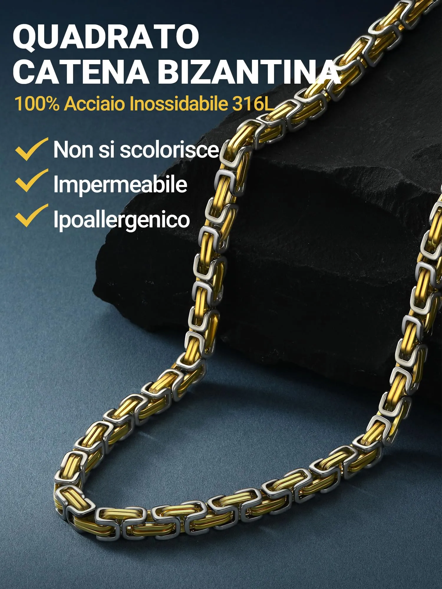 PROSTEEL Collana Uomo Bizantina in Acciaio Inossidabile 6mm 18K Oro - immagine 5