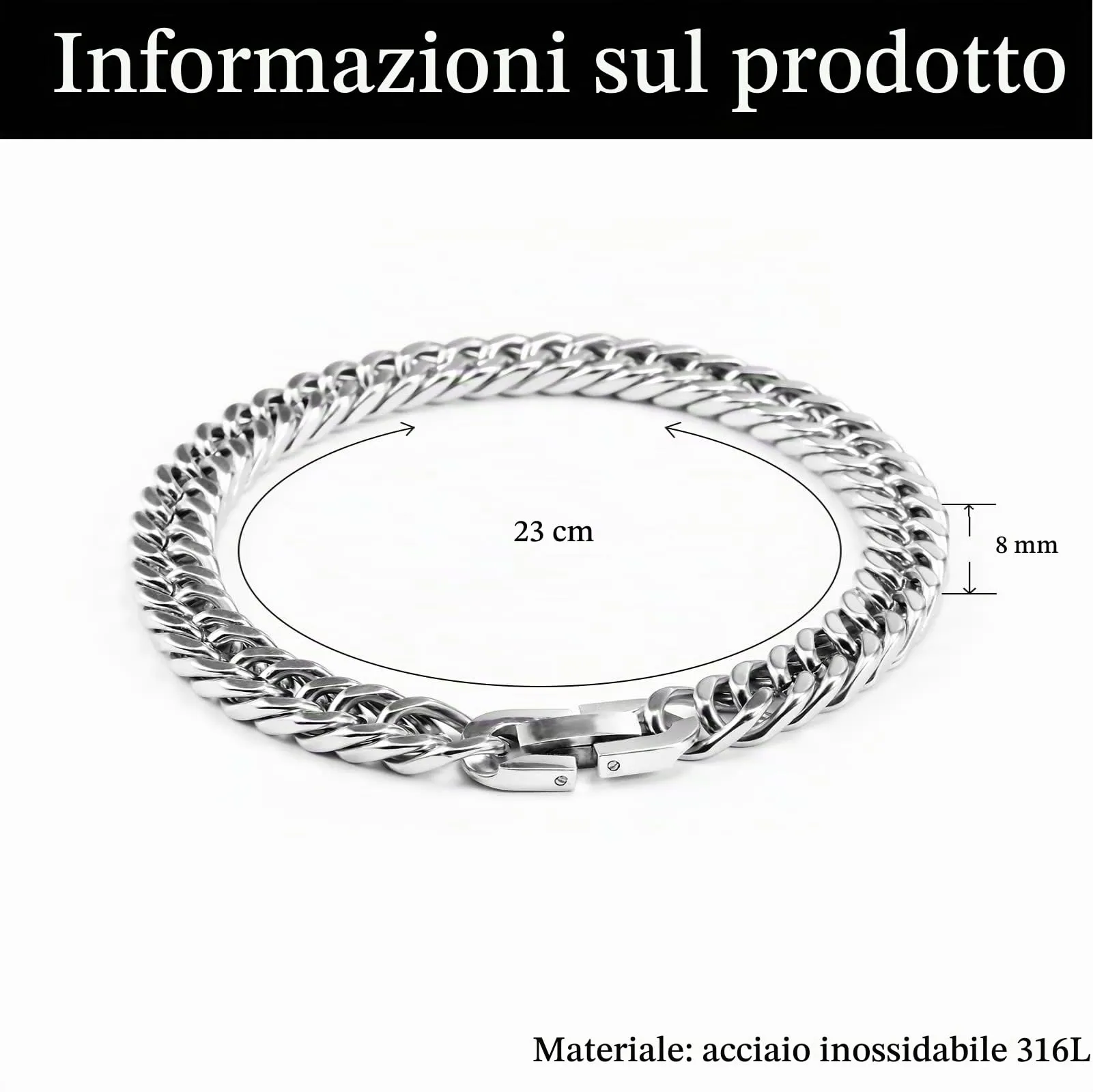 VGWON Bracciale Cubano in Acciaio Inox 316L per Uomo, 23 cm, Argento - immagine 3