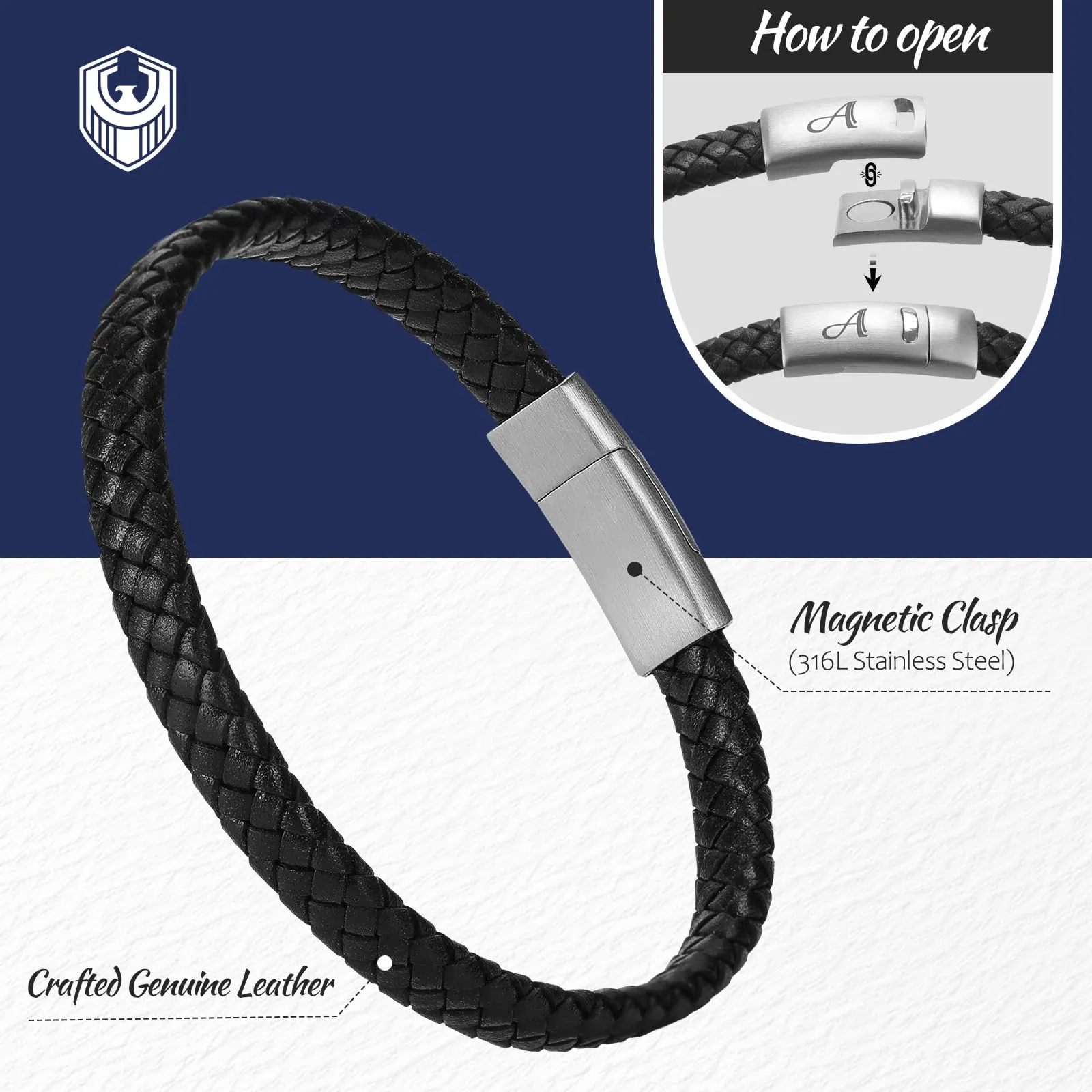 SHIEAGLELD Bracciale da uomo in pelle intrecciata con iniziali A-Z e chiusura magnetica in acciaio inossidabile - immagine 4