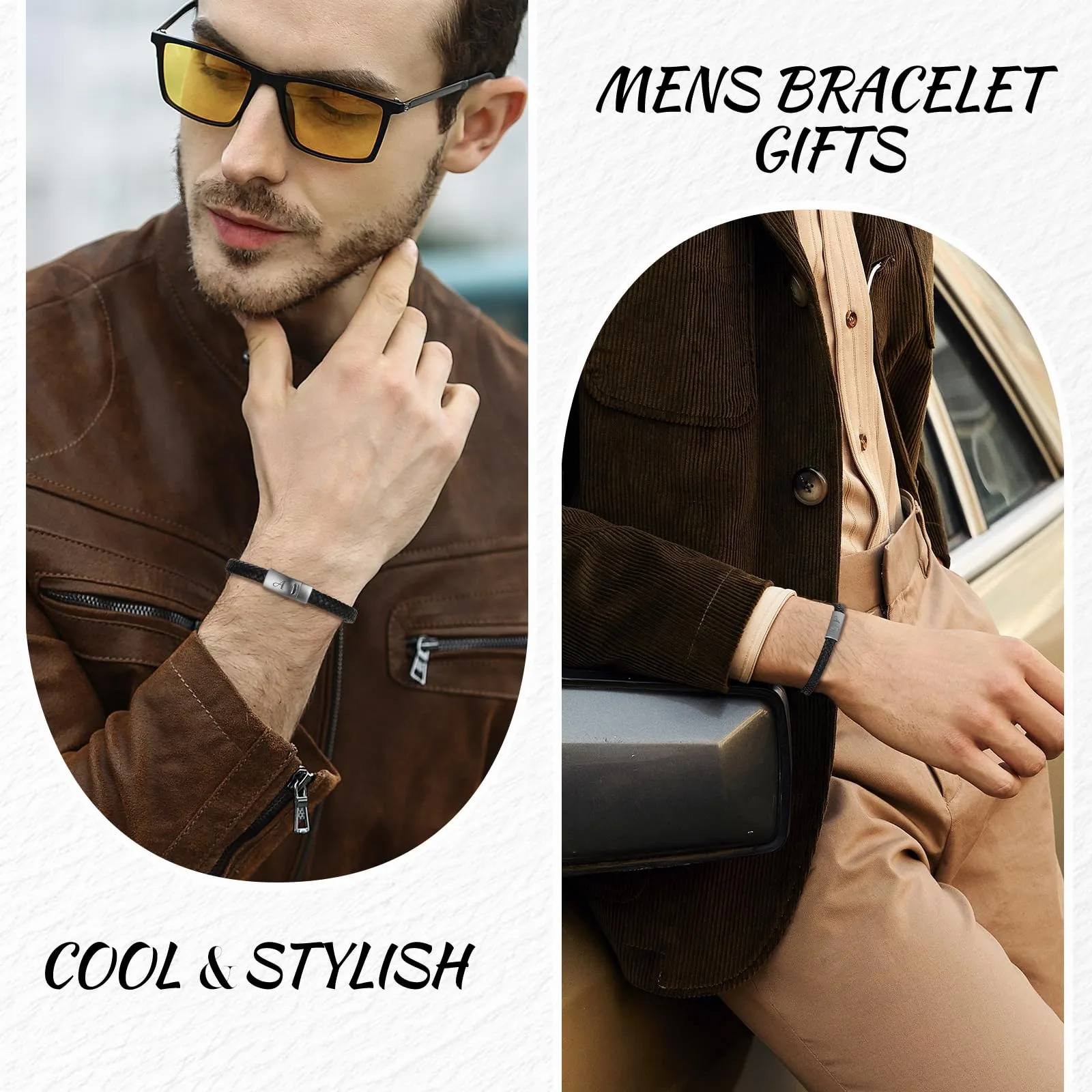 SHIEAGLELD Bracciale da uomo in pelle intrecciata con iniziali A-Z e chiusura magnetica in acciaio inossidabile, 21.5 cm - immagine 2