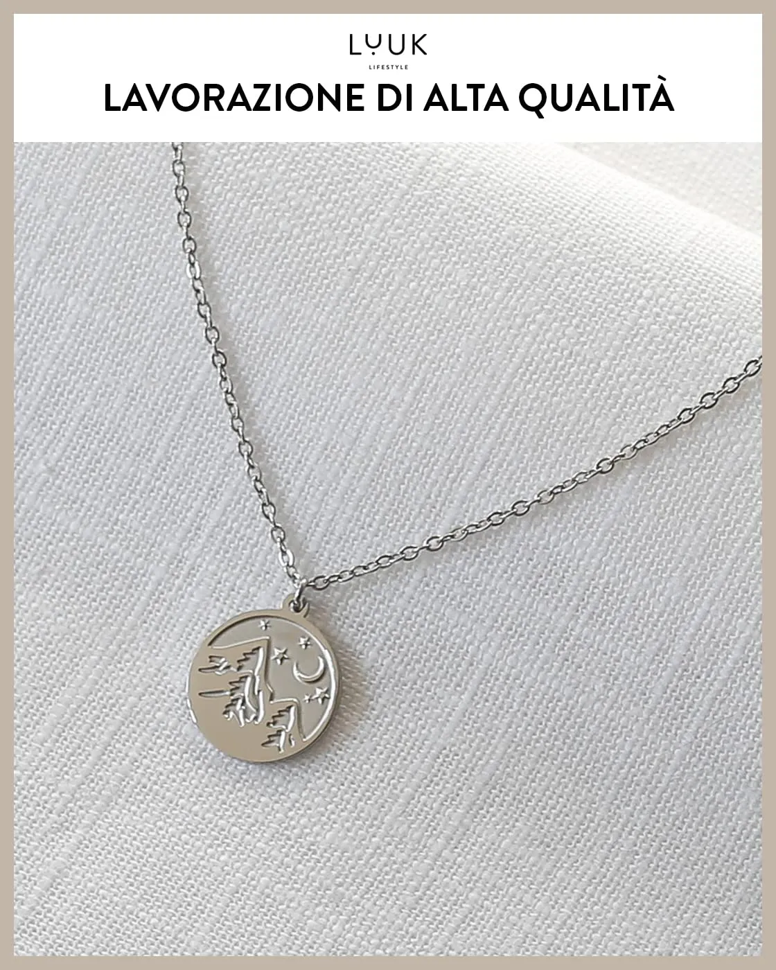 LUUK LIFESTYLE Collana in Acciaio Inox con Ciondolo Montagna, Argento, 50cm - immagine 4