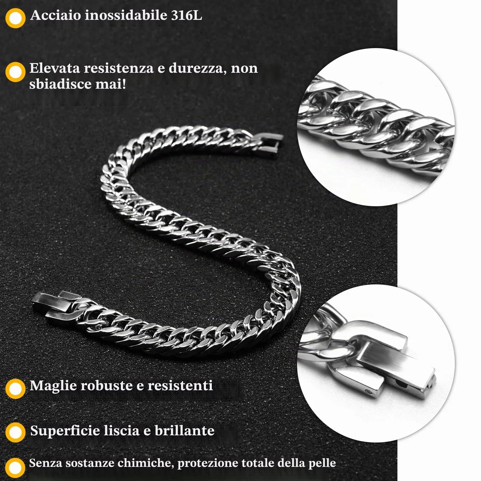 VGWON Bracciale Cubano in Acciaio Inox 316L per Uomo, 8mm, Argento, 23 cm - immagine 2
