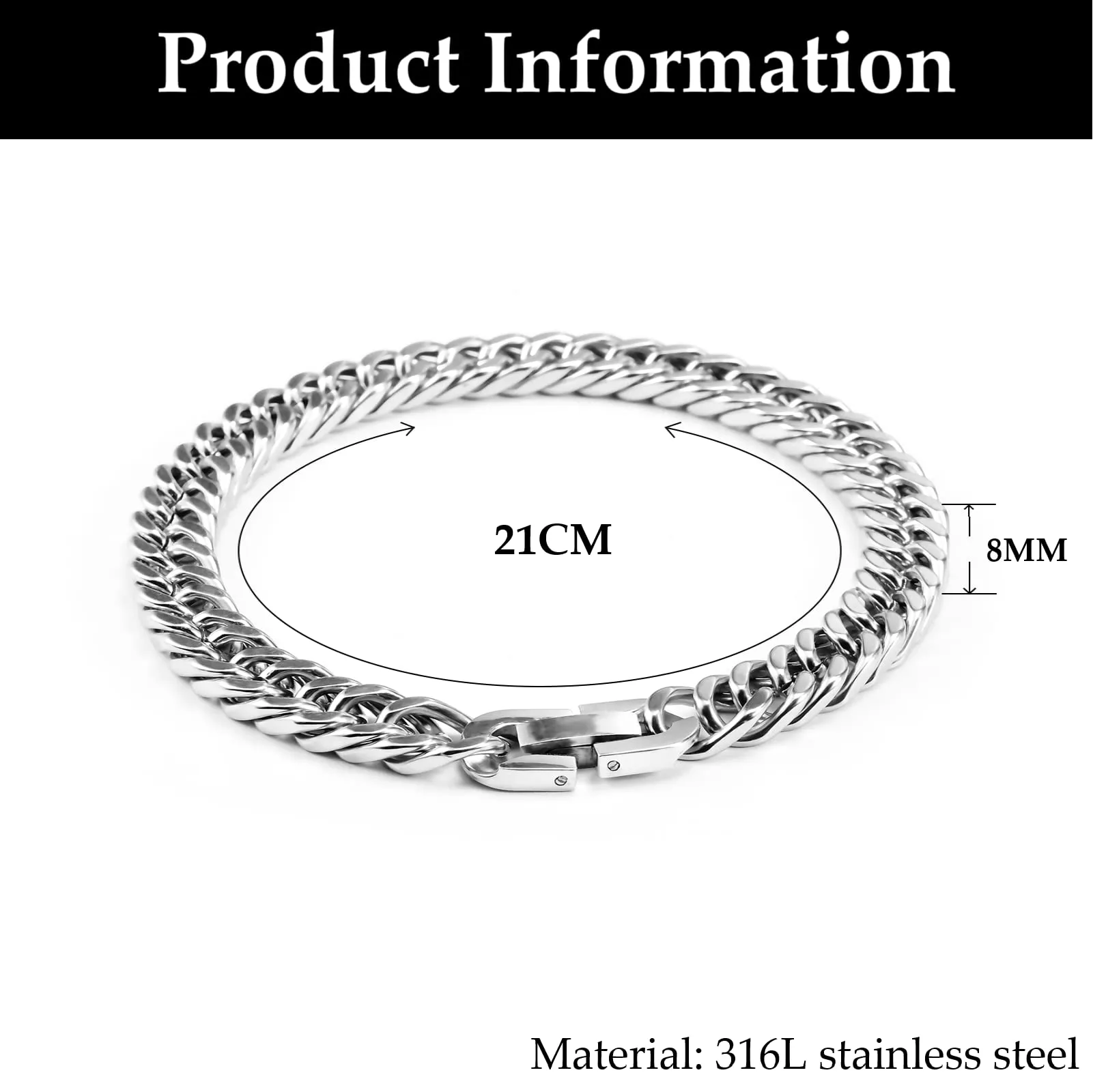 VGWON Bracciale Cubano in Acciaio Inox 316L per Uomo, 8mm, Argento, 23 cm - immagine 3
