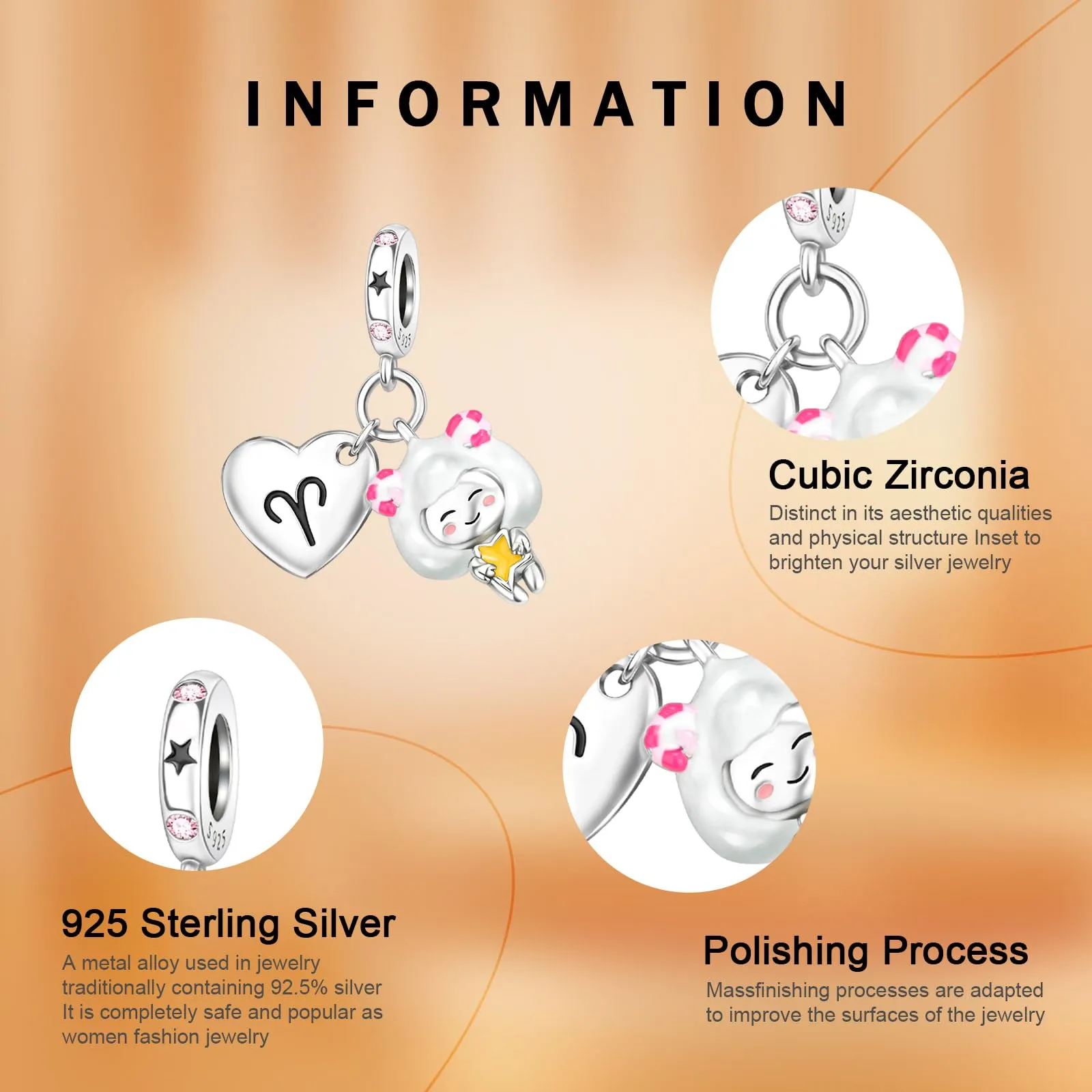Rimgoris 925 Sterling Silver Aries Constellation Luminous Pendant Charm with Zirconia - immagine 4