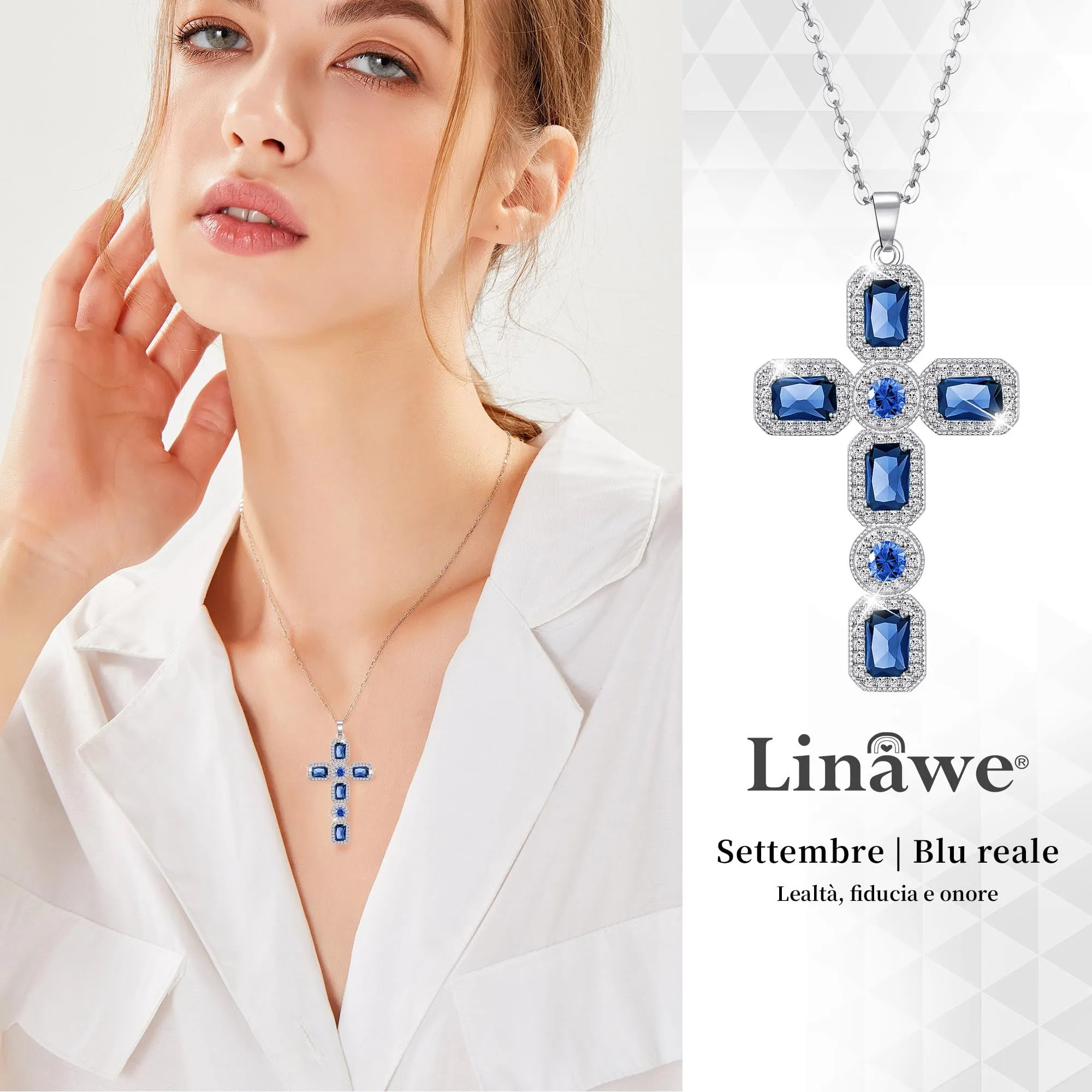 Linawe Collana a croce con zaffiri e cristalli blu, catena in argento per donna - immagine 2