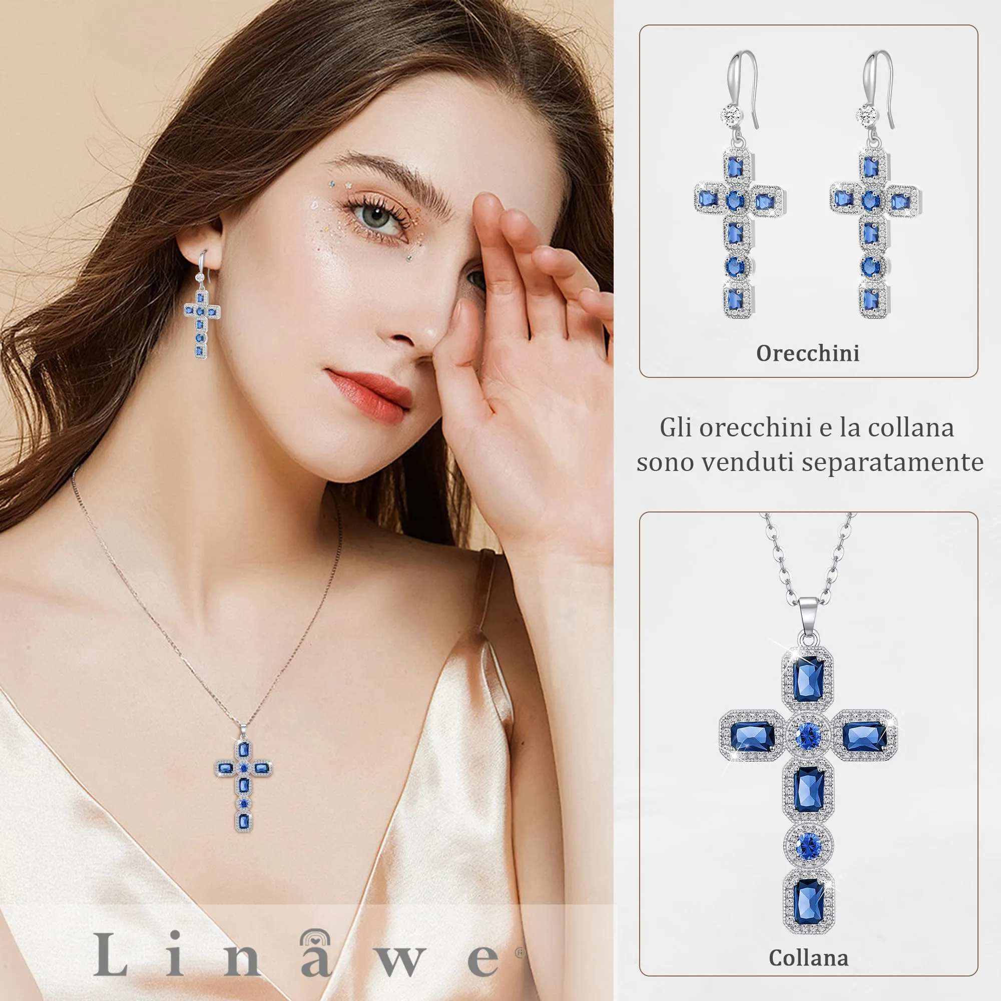 Linawe Collana a croce con zaffiri e cristalli blu, catena in argento per donna - immagine 3