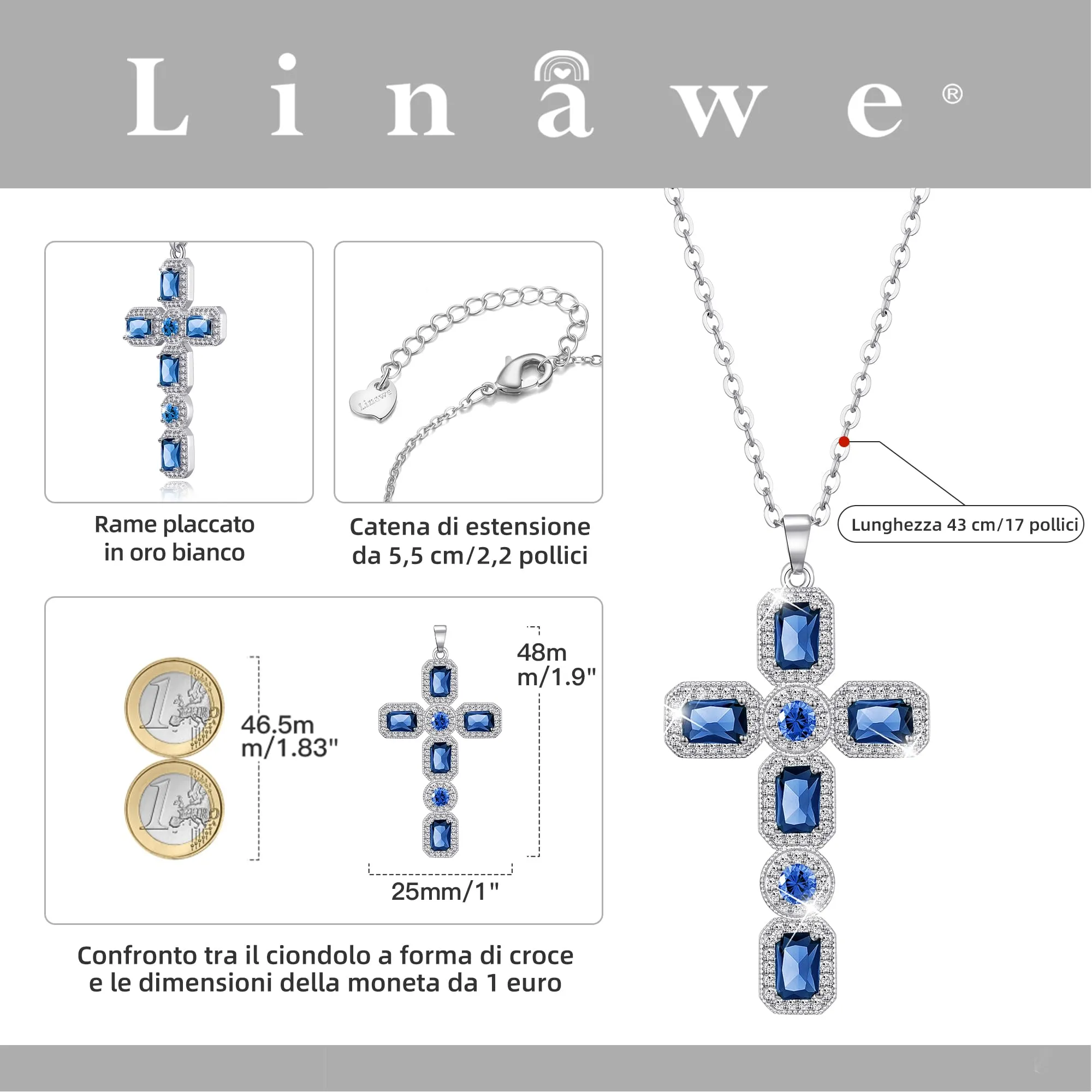 Linawe Collana a croce con zaffiri e cristalli blu, catena in argento per donna - immagine 4