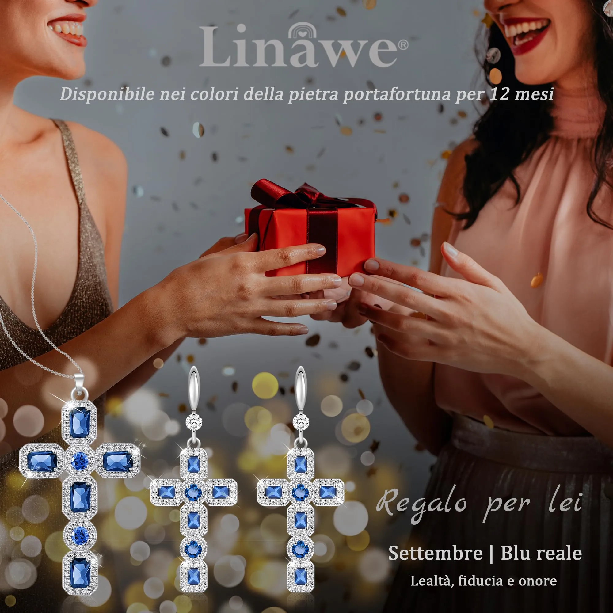 Linawe Collana a croce con zaffiri e cristalli blu, catena in argento per donna - immagine 5
