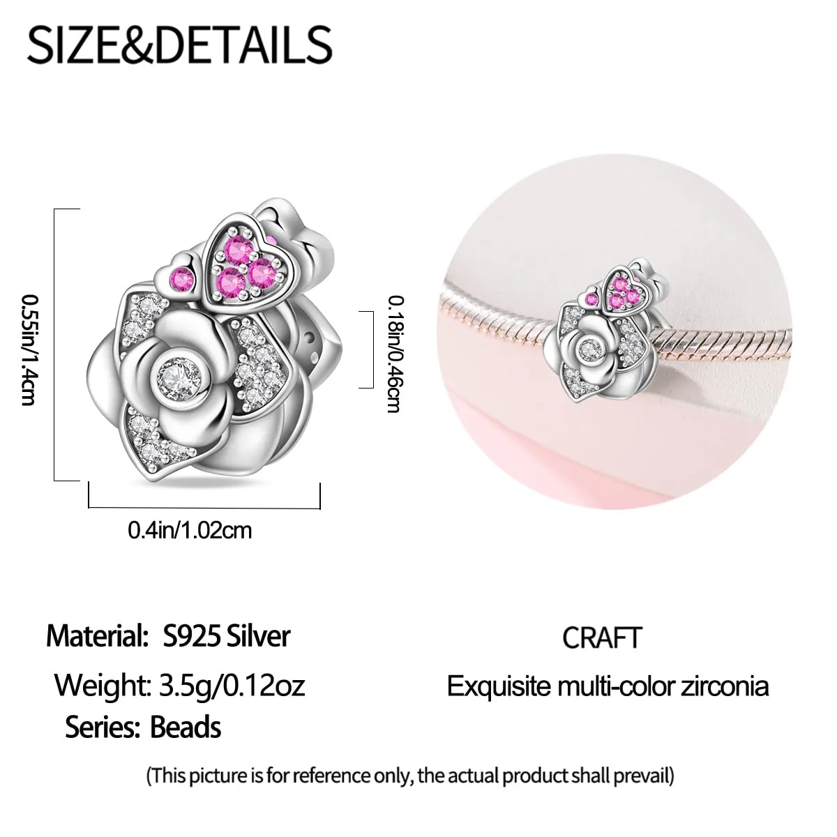 HappyStar 925 Sterling Silver Rose Flower Tarot Card Pendant Bead Charm for Bracelets and Necklaces - immagine 4