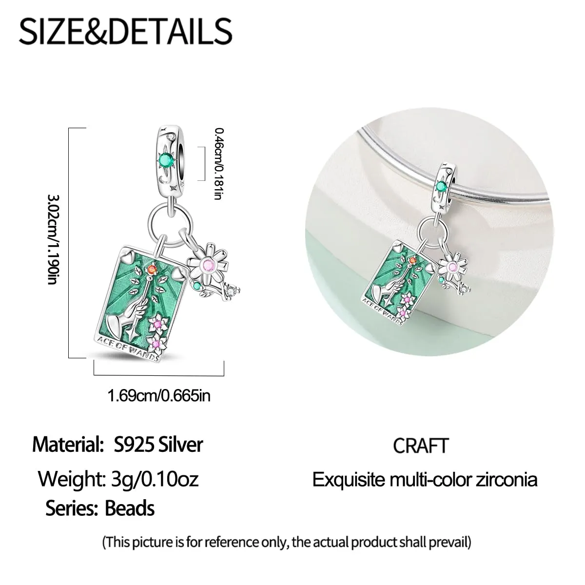 HappyStar 925 Sterling Silver Rose Flower Tarot Card Pendant Bead Charm for Bracelets and Necklaces - immagine 4