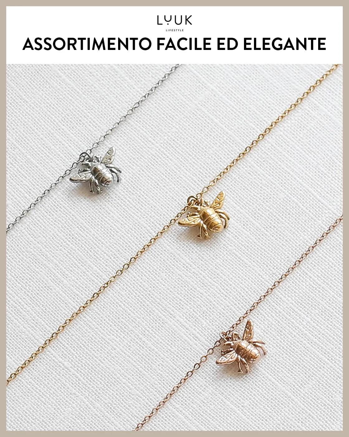 LUUK LIFESTYLE Collana in Acciaio Inox con Ciondolo Ape, Oro Rosa, 50cm - immagine 6