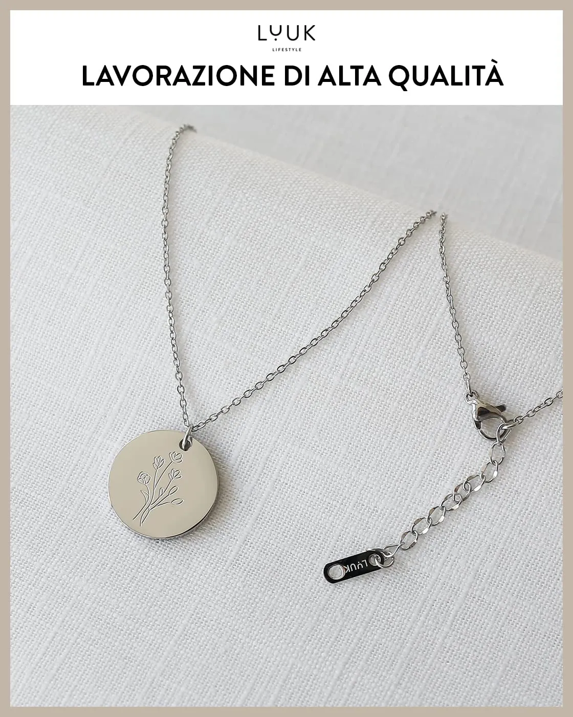 LUUK LIFESTYLE Collana in Acciaio Inox con Ciondolo Fiore, Argento, 50cm - immagine 4
