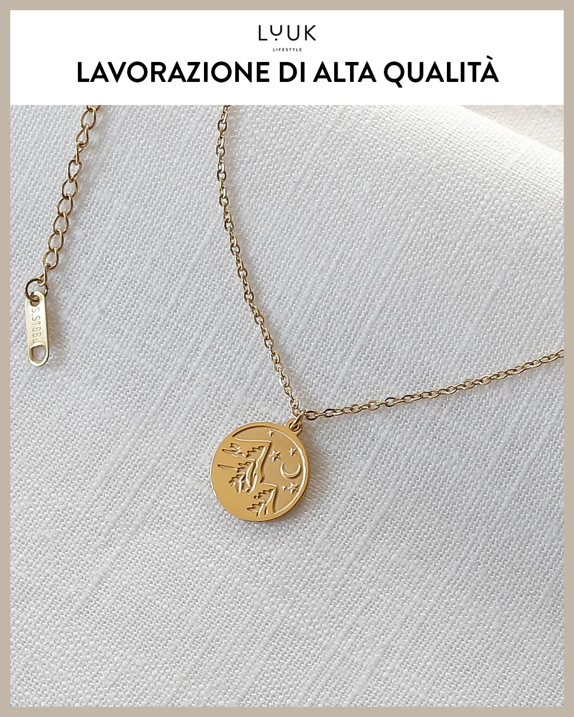 LUUK LIFESTYLE Collana in Acciaio Inox con Ciondolo Montagna, Oro, 50cm - immagine 4