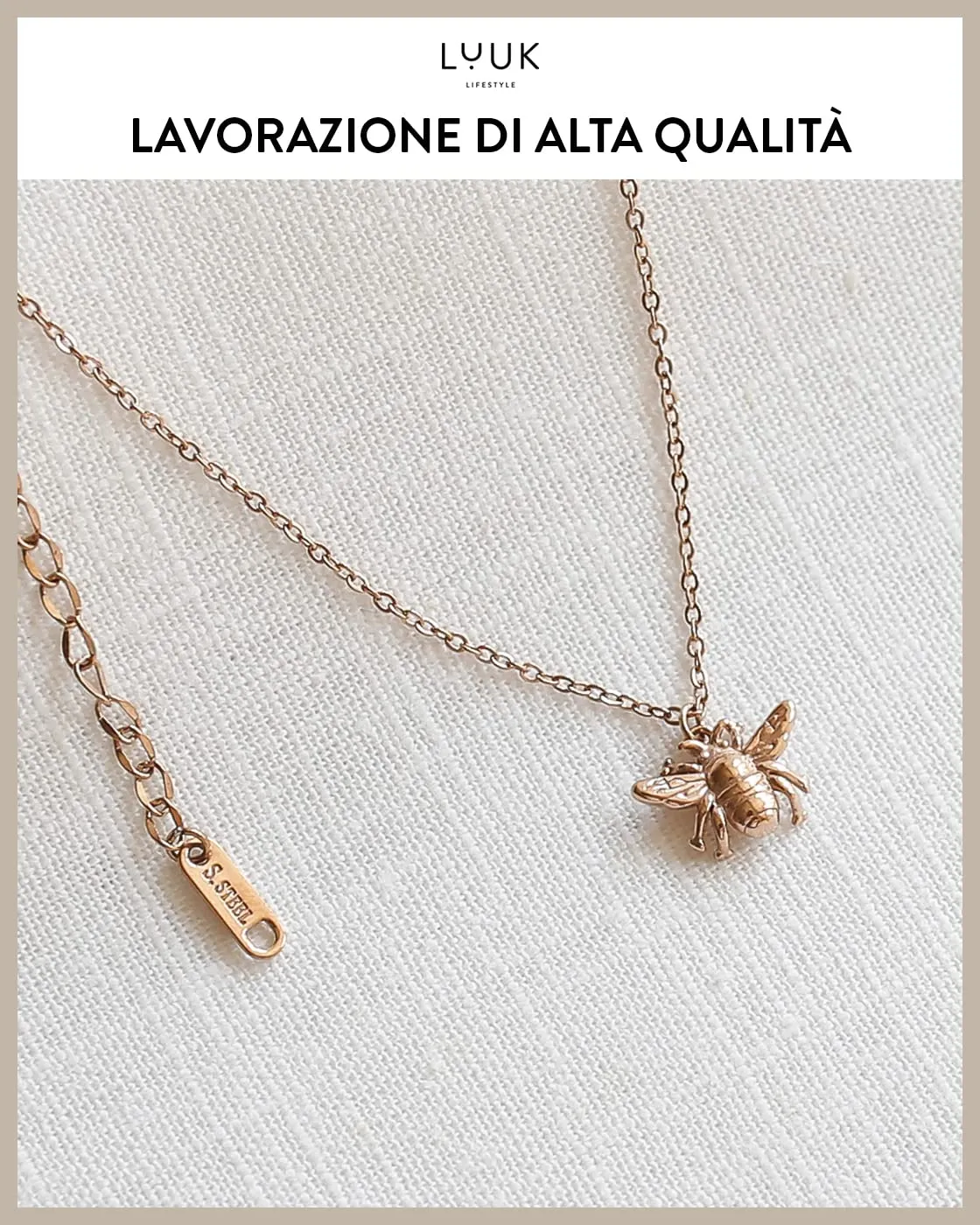 LUUK LIFESTYLE Collana in Acciaio Inox con Ciondolo Ape, Oro, 50cm - immagine 4