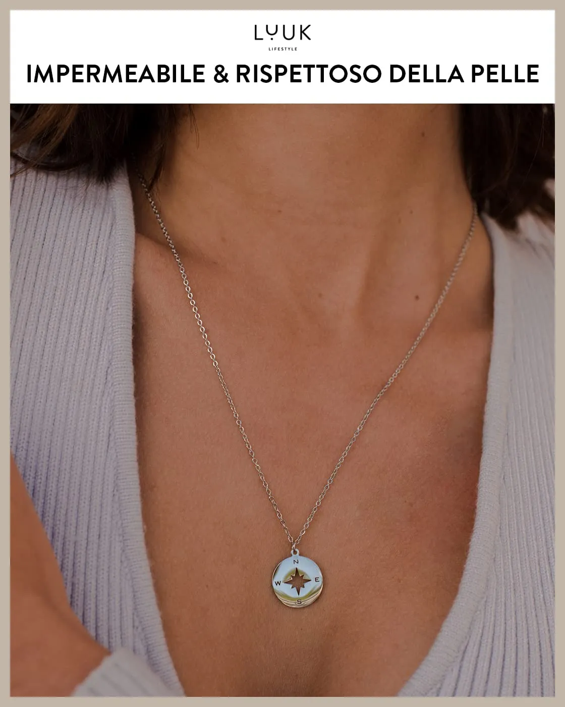 LUUK LIFESTYLE Collana in Acciaio Inossidabile con Ciondolo Bussola, Argento, 50cm - immagine 3