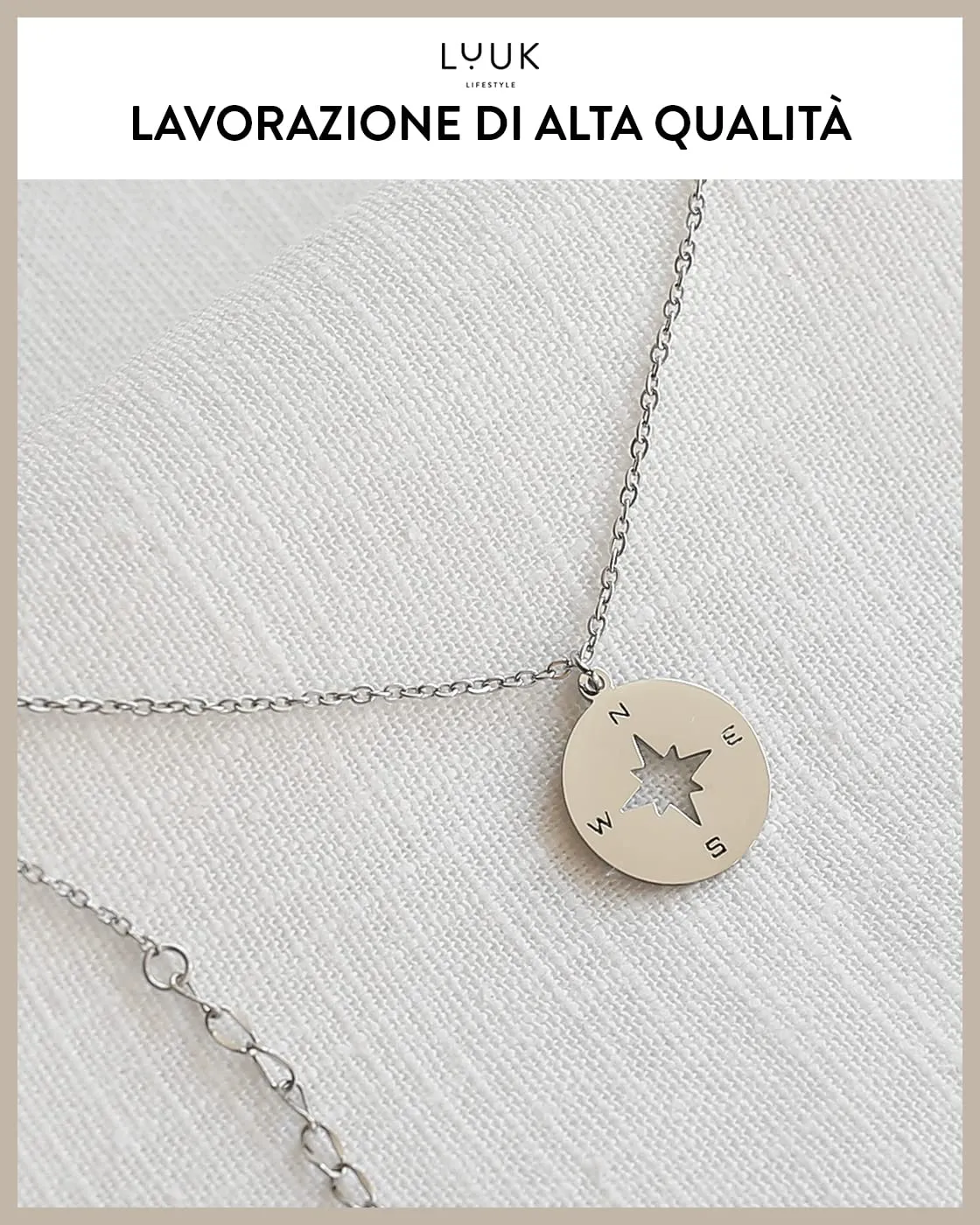 LUUK LIFESTYLE Collana in Acciaio Inossidabile con Ciondolo Bussola, Argento, 50cm - immagine 4