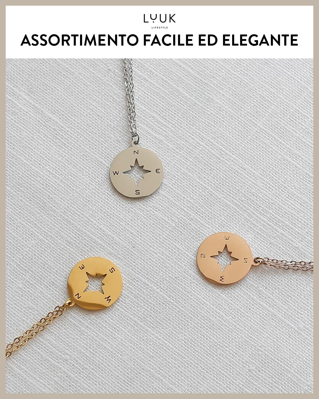LUUK LIFESTYLE Collana in Acciaio Inossidabile con Ciondolo Bussola, Argento, 50cm - immagine 6