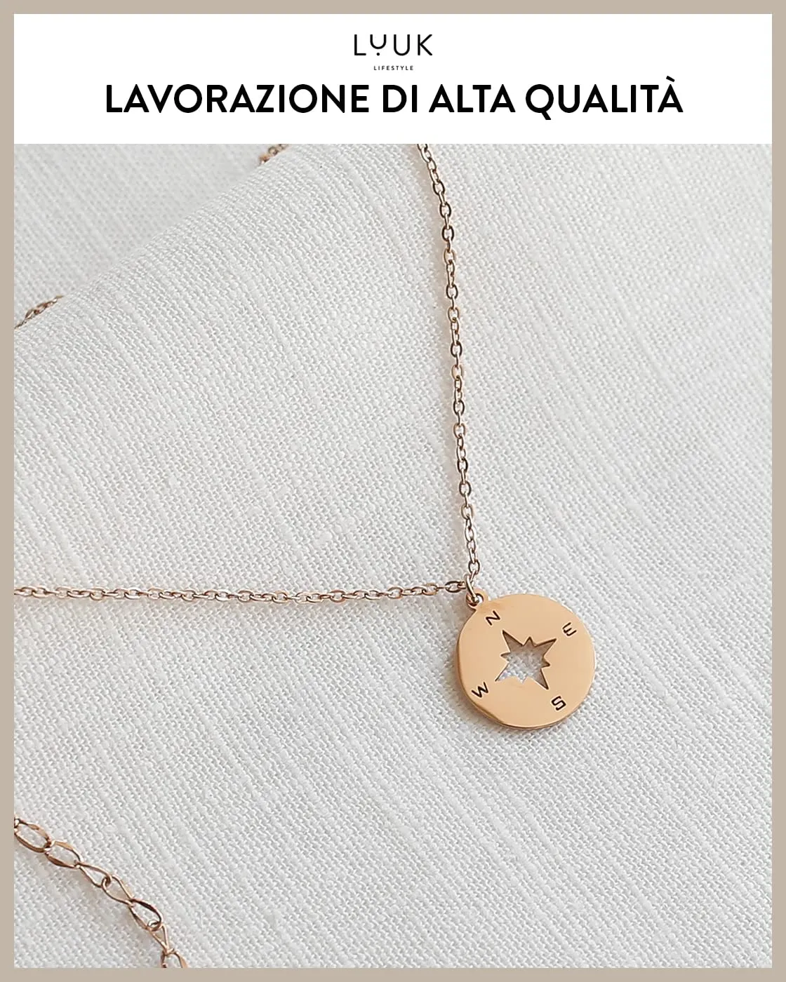 LUUK LIFESTYLE Collana in Acciaio Inox con Ciondolo Bussola, Oro Rosa, 50cm - immagine 4