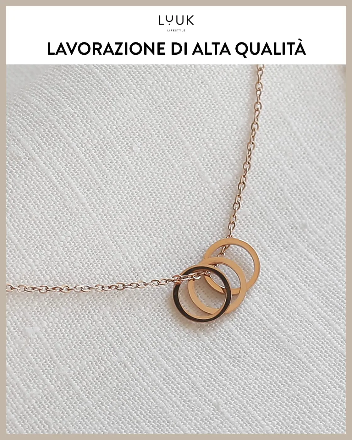 LUUK LIFESTYLE Collana in Acciaio Inox con Ciondolo Anelli, Oro Rosa, 50cm - immagine 4