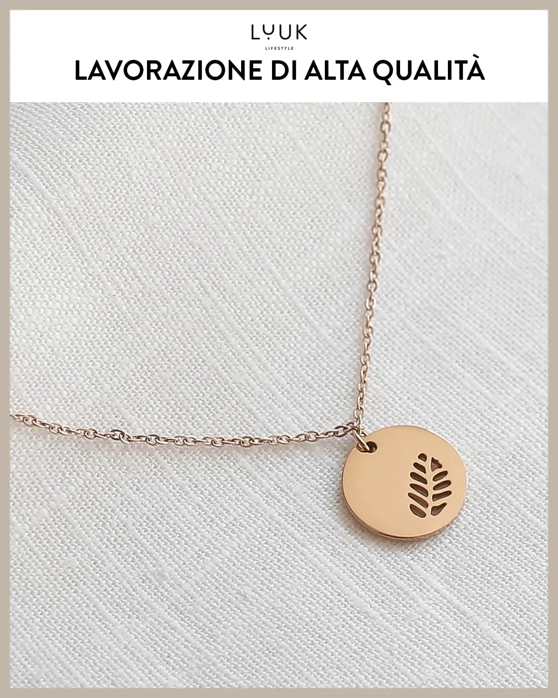 LUUK LIFESTYLE Collana in Acciaio Inox con Ciondolo Foglia, Oro Rosa, 50cm - immagine 4
