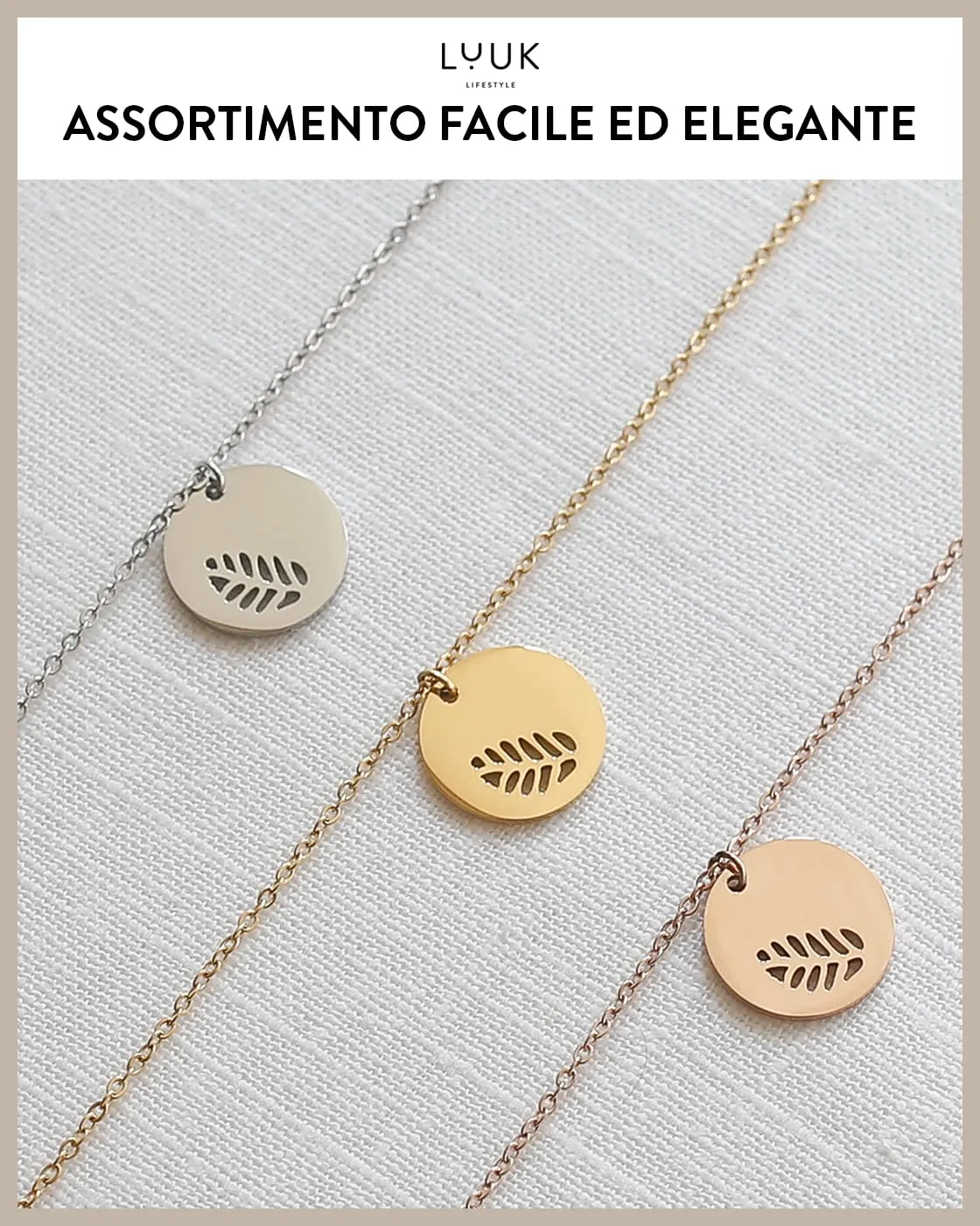 LUUK LIFESTYLE Collana in Acciaio Inox con Ciondolo Foglia, Oro Rosa, 50cm - immagine 6