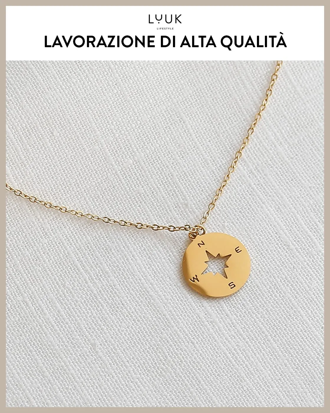 LUUK LIFESTYLE Collana in Acciaio Inossidabile con Ciondolo Bussola, Oro, 50cm - immagine 4