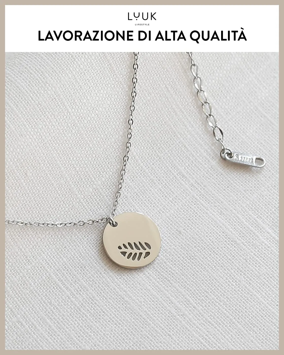 LUUK LIFESTYLE Collana in Acciaio Inox con Ciondolo Foglia, Argento, 50cm - immagine 4